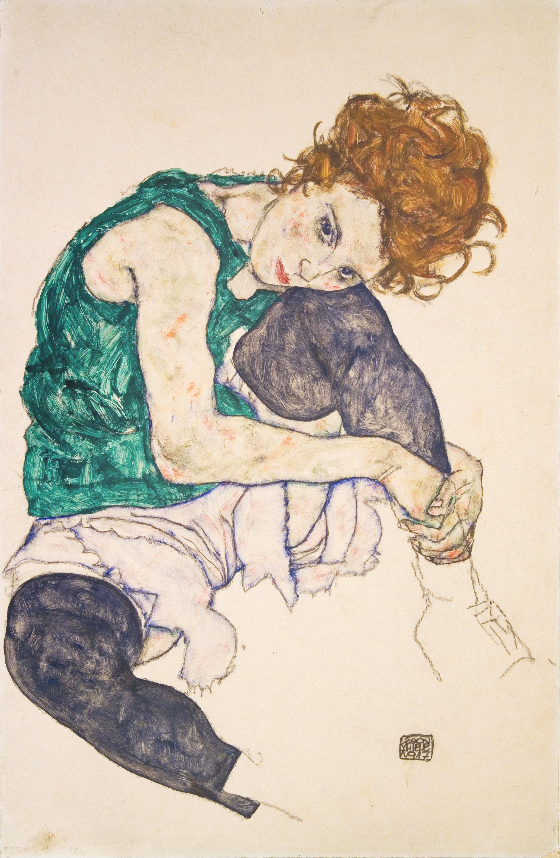 المرأة الجالسة مع ركبتين مثنيتين by Egon Schiele - 1917 م - 46 في 30.5 سم 