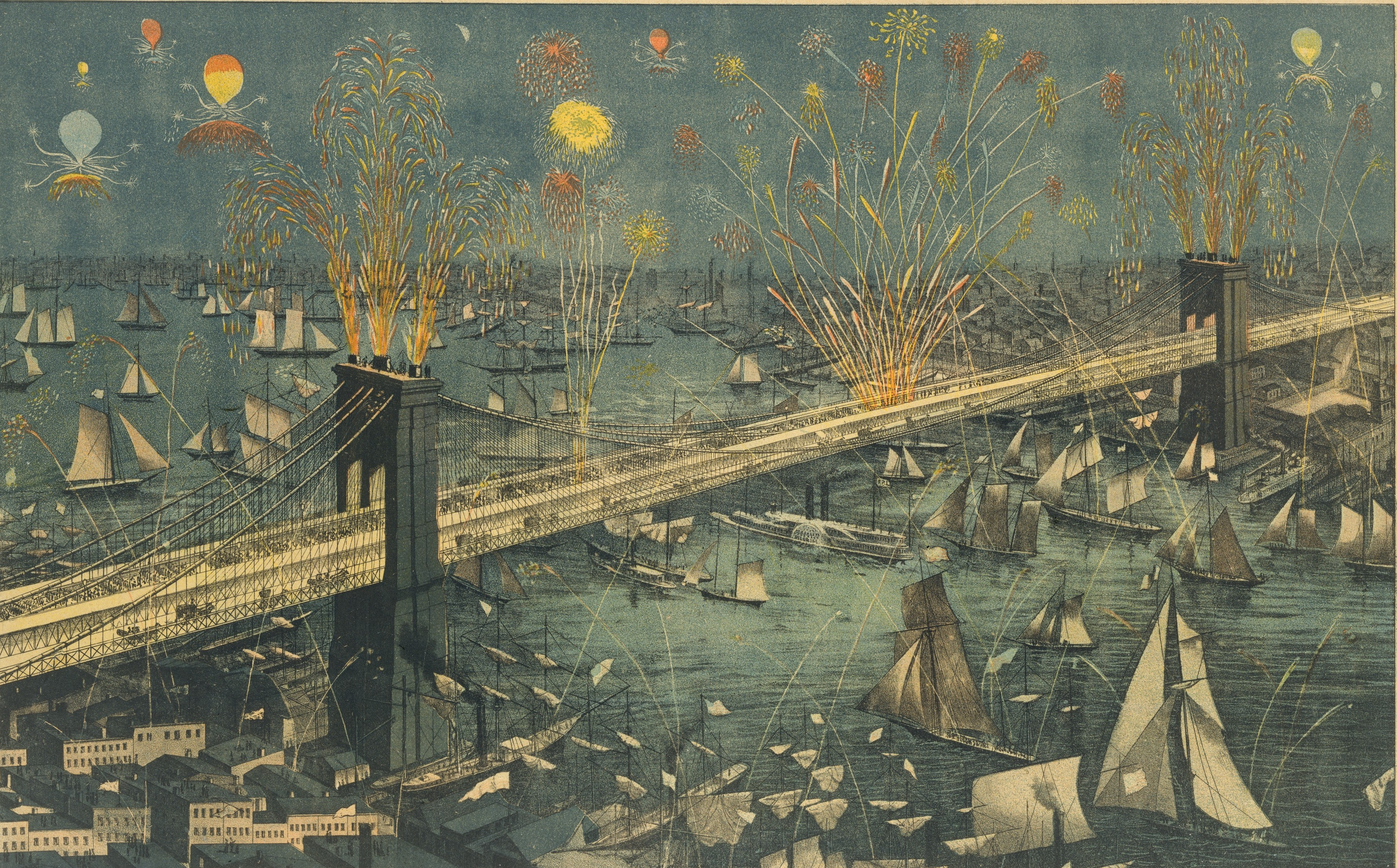 Muhteşem New York ve Brooklyn Köprüsü'nün Manzarası, Açılış Gecesinde Havai Fişek Gösterisi (orig. "View of the Great New York and Brooklyn Bridge, Display of Fireworks on Opening Night") by Bilinmeyen Sanatçı - 1883 - 38.9 x 62.4 cm 