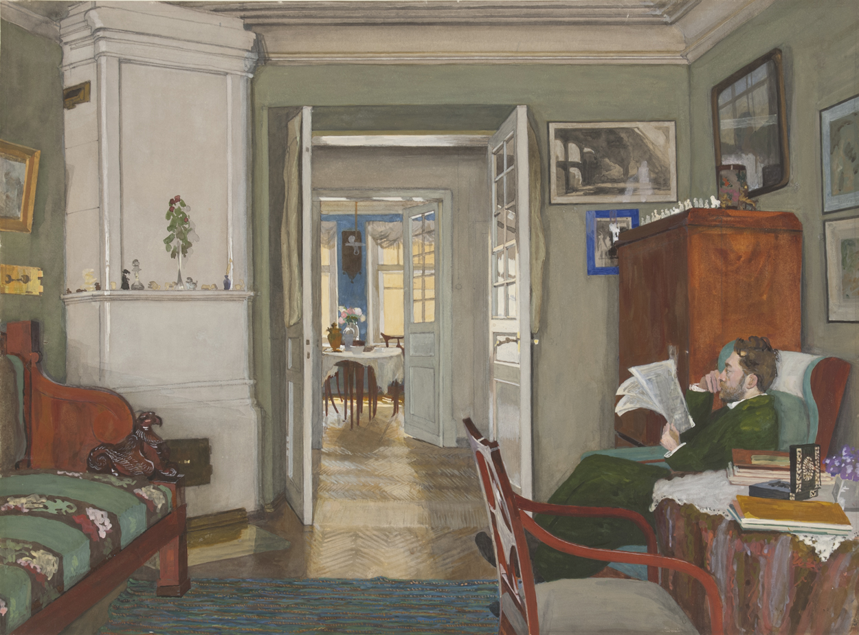 사무실에 있는 세르게이 바실리에비치 레베데프 (Sergei Vasilievich Lebedev in his office) by Anna Ostroumova-Lebedeva - 1912 - 46.5 cm х 62.9 cm 