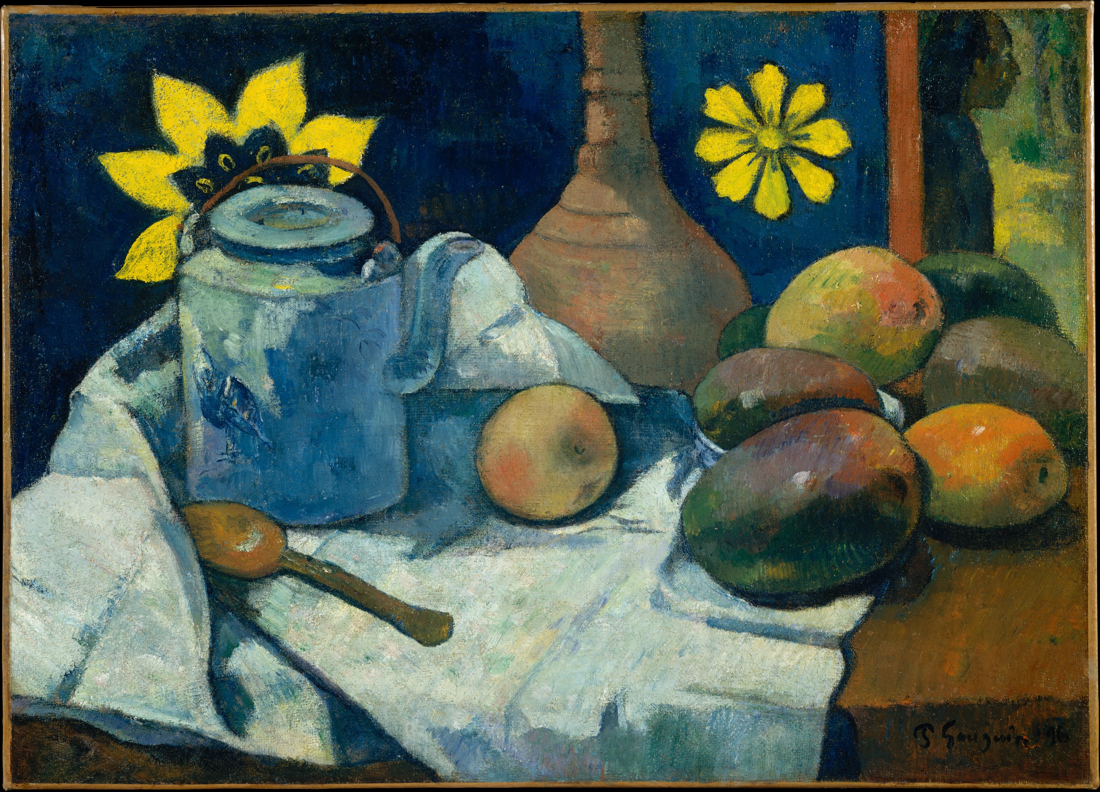 चायदानी और फलों का स्थिर चित्रण by Paul Gauguin - १८९६ - ४७.६ x ६६ से.मी. 