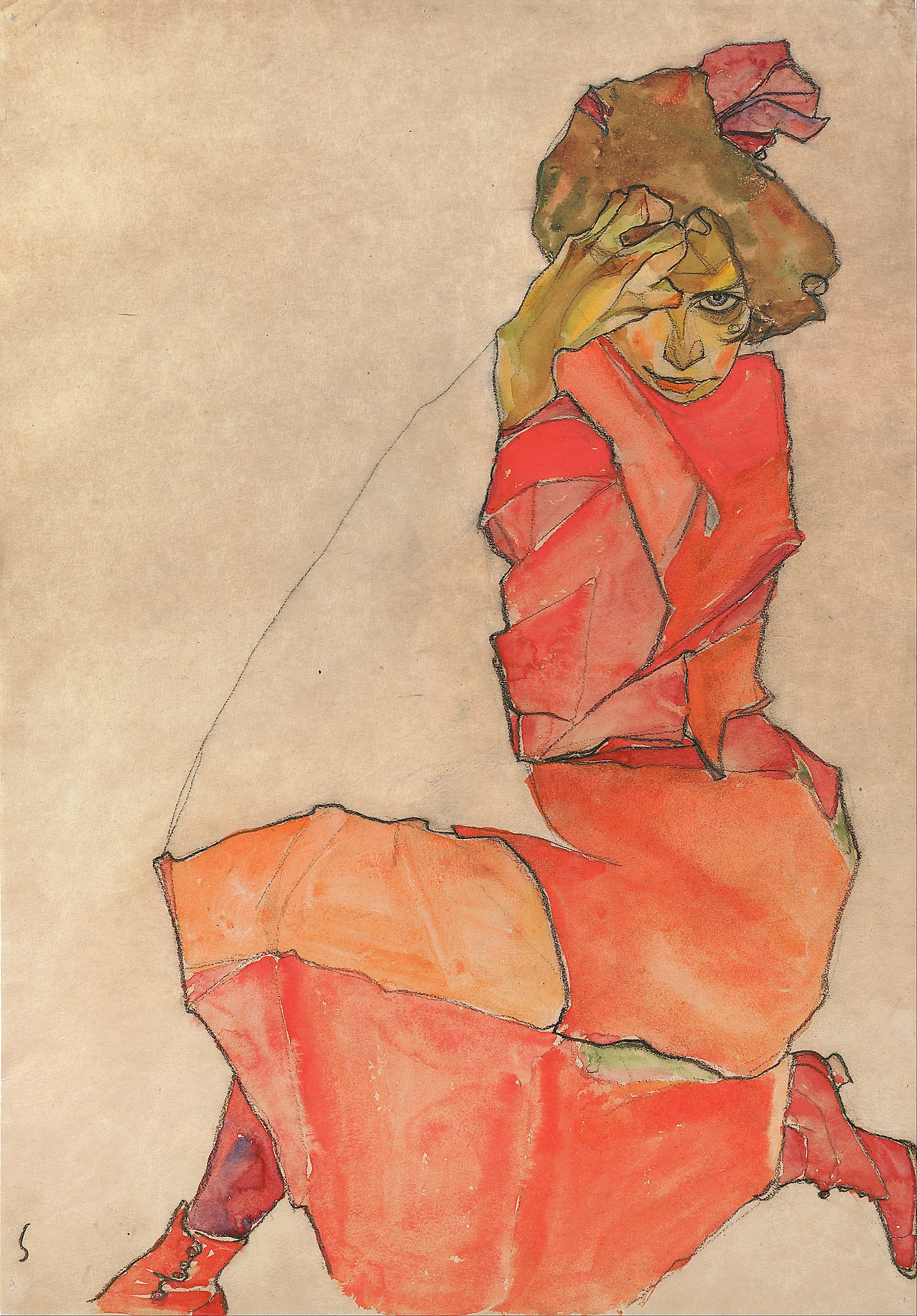 Klęcząca kobieta w pomarańczowo-czerwonej sukience by Egon Schiele - 1910 - 44,6 × 31 cm 