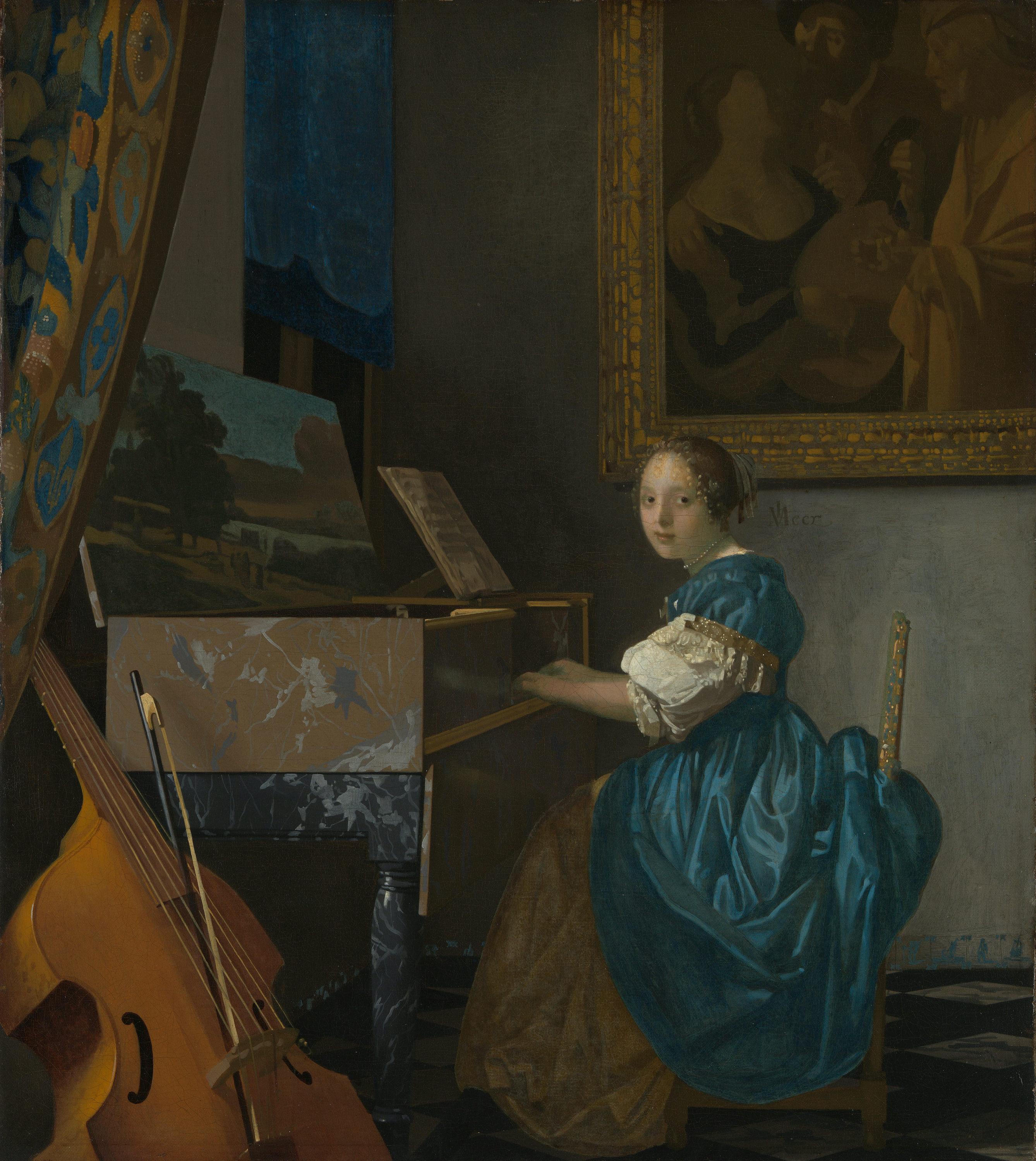 एक स्पिनट पर बैठी युवा महिला by Johannes Vermeer - १६७० - ७२ ई. - ५१.५ x ४५.५ से.मी. 