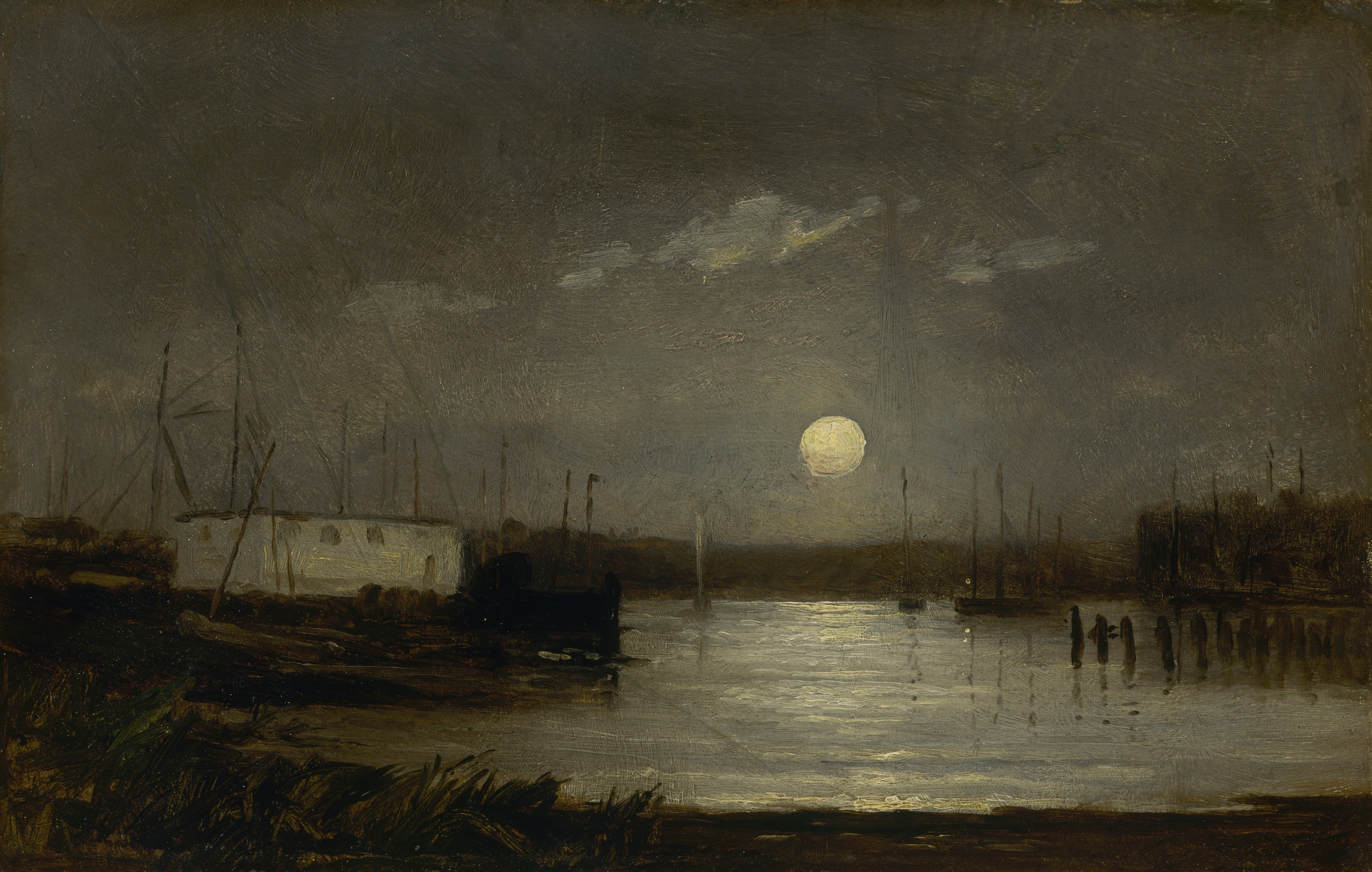 بدون عنوان (قمر فوق ميناء، مشهد رصيف الميناء مع بدر وسواري قوارب) by Edward Mitchell Bannister - حوالي 1868 م - الأبعاد: 24.7 × 38.7  سم 