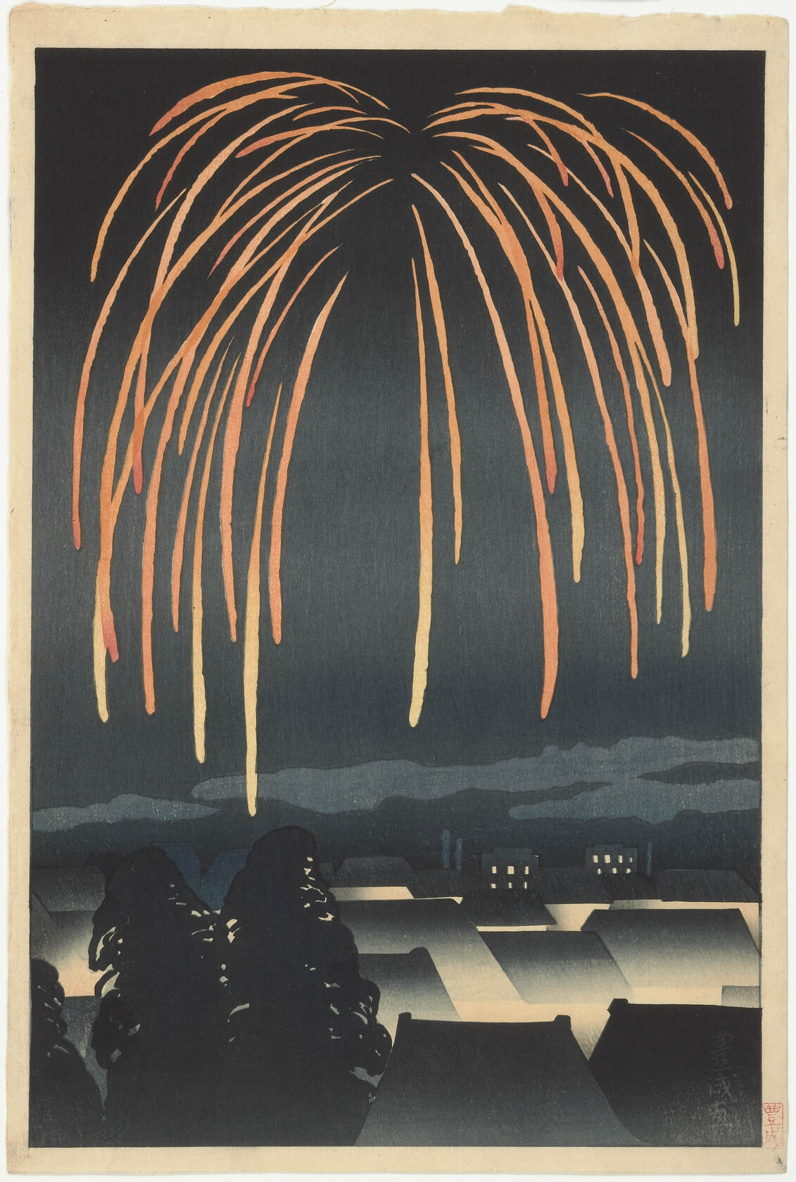 Fyrverkerier på natten till festivalen by Yamamura Toyonari (Kôka) - 1924 - 39,53 × 26,51 cm 