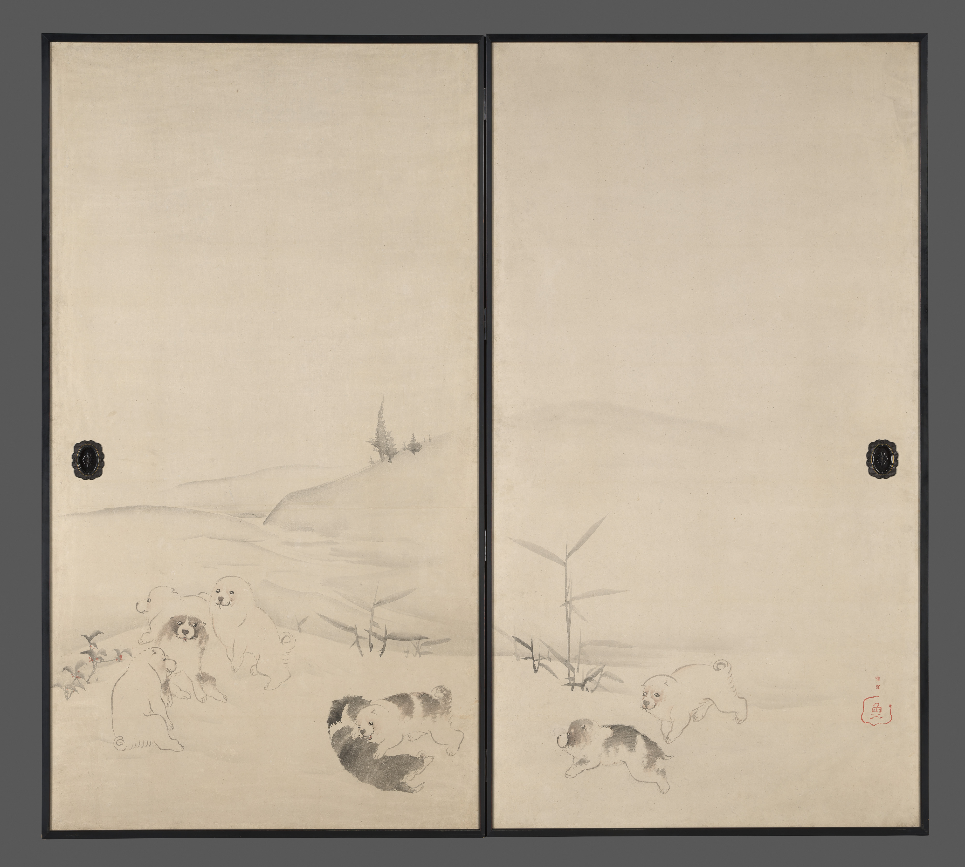 बर्फ में पिल्ले by Nagasawa Rosetsu - १७९२–९९ - १६८.७ x १८३ सेमी 