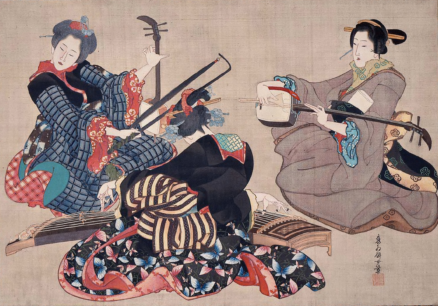 वाद्य यंत्र बजाती तीन महिलाएं by Katsushika Ōi - १८५० - ४६.५ x ६७.५ सेमी 