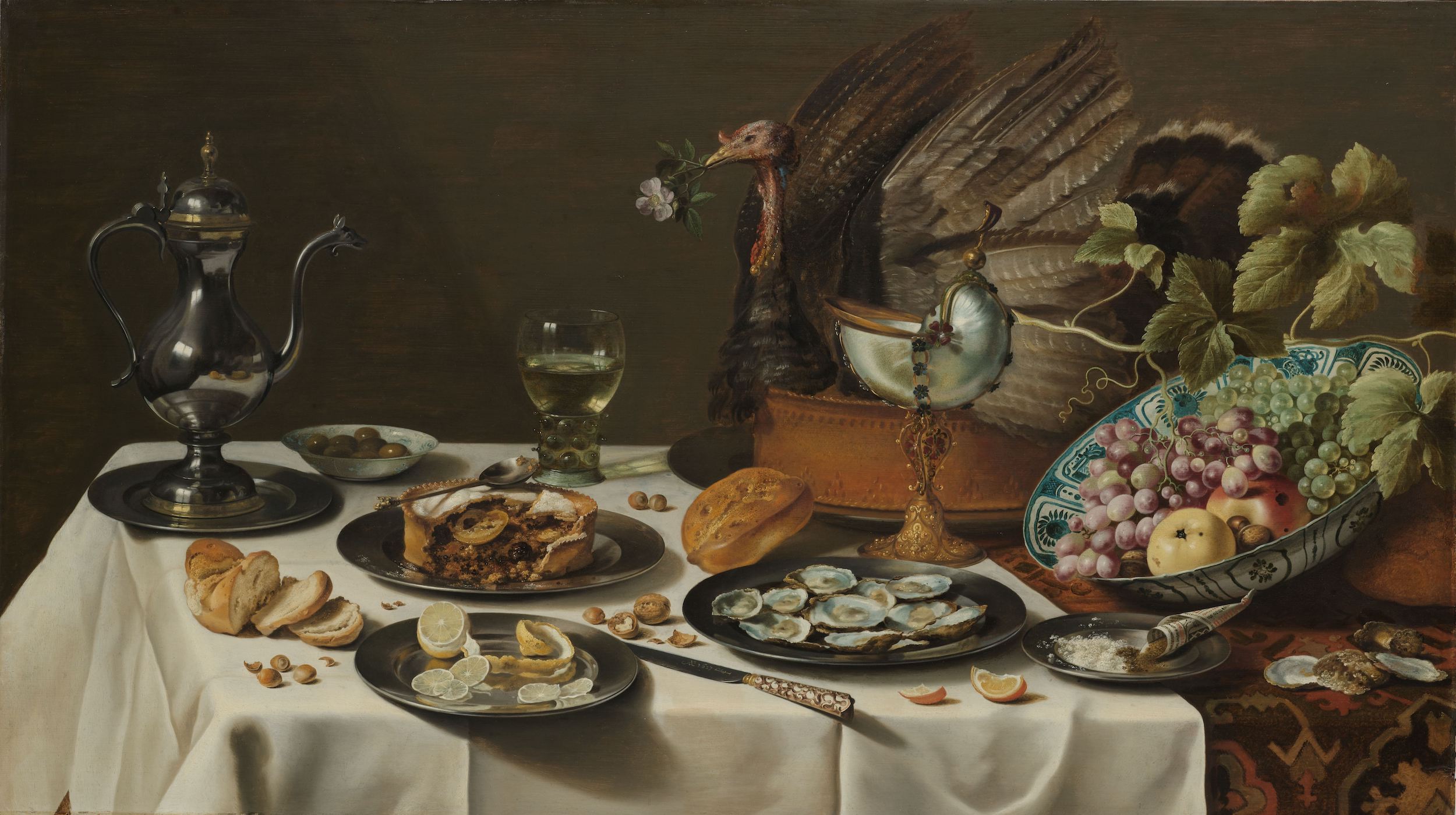 Hindili Çörek İle Natürmort (orig. "Still Life with a Turkey Pie") by Pieter Claesz - 1627 - 76.5 x 135 cm 