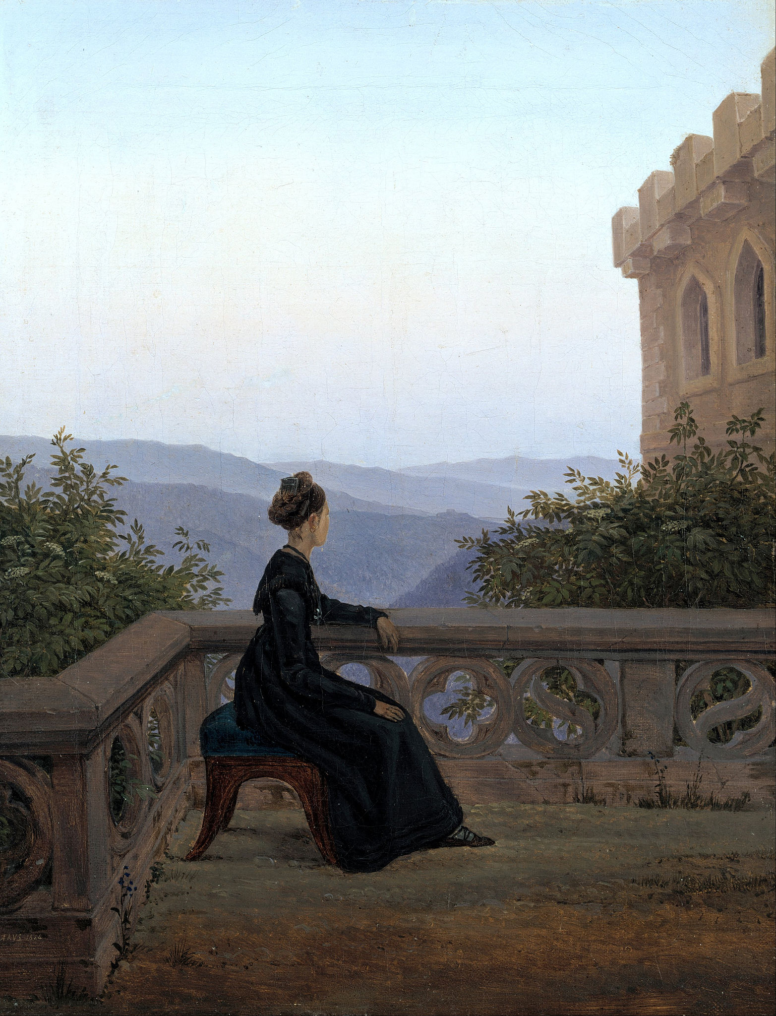 زنی در ایوان by Carl Gustav Carus - ۱۸۴۲ - ۴۲ × ۳۲ سانتی‌متر 