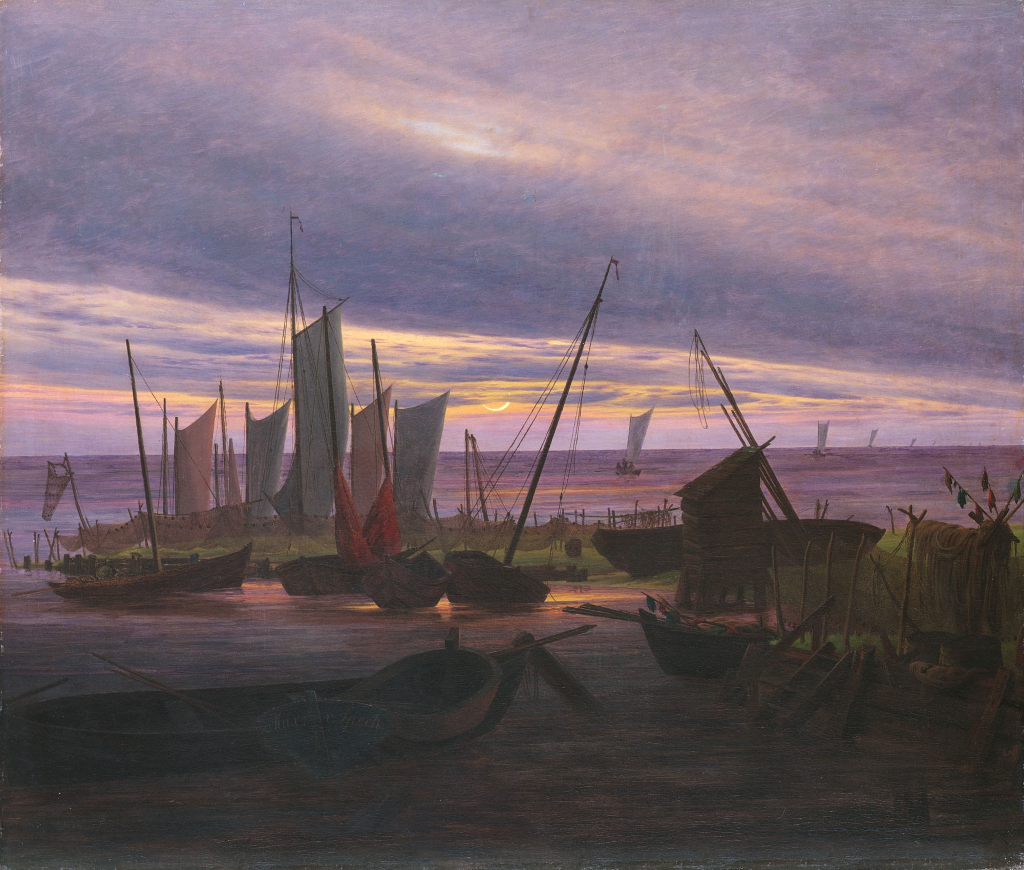 Boten in de haven bij avond by Caspar Friedrich - 1828 - 76,5 x 88,2 cm Staatliche Kunstsammlungen Dresden