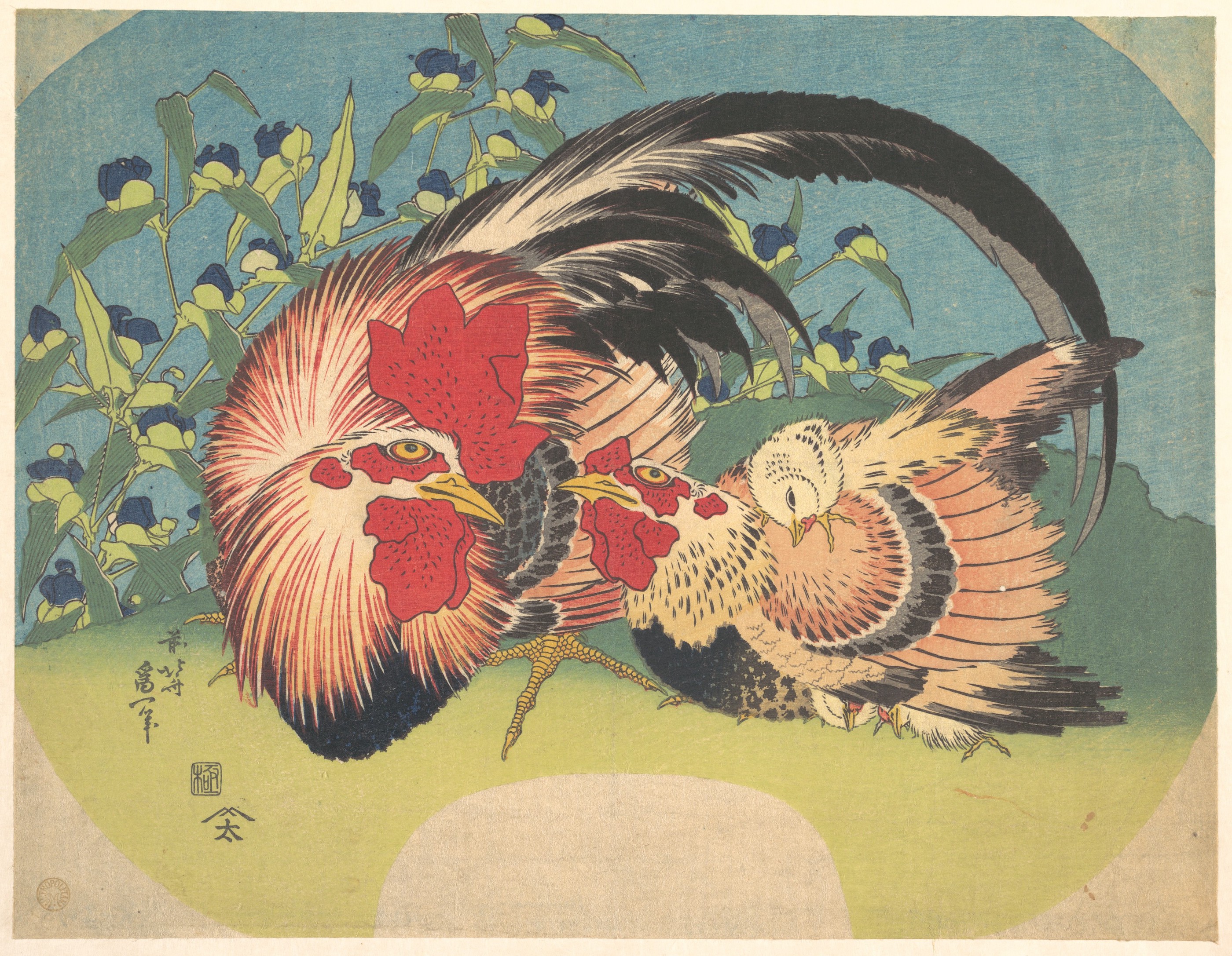 Kakas, tyúk és csirke kerti pletyka virággal by Katsushika Hokusai - 1830–33 körül - 22,9 x 29,2 cm 