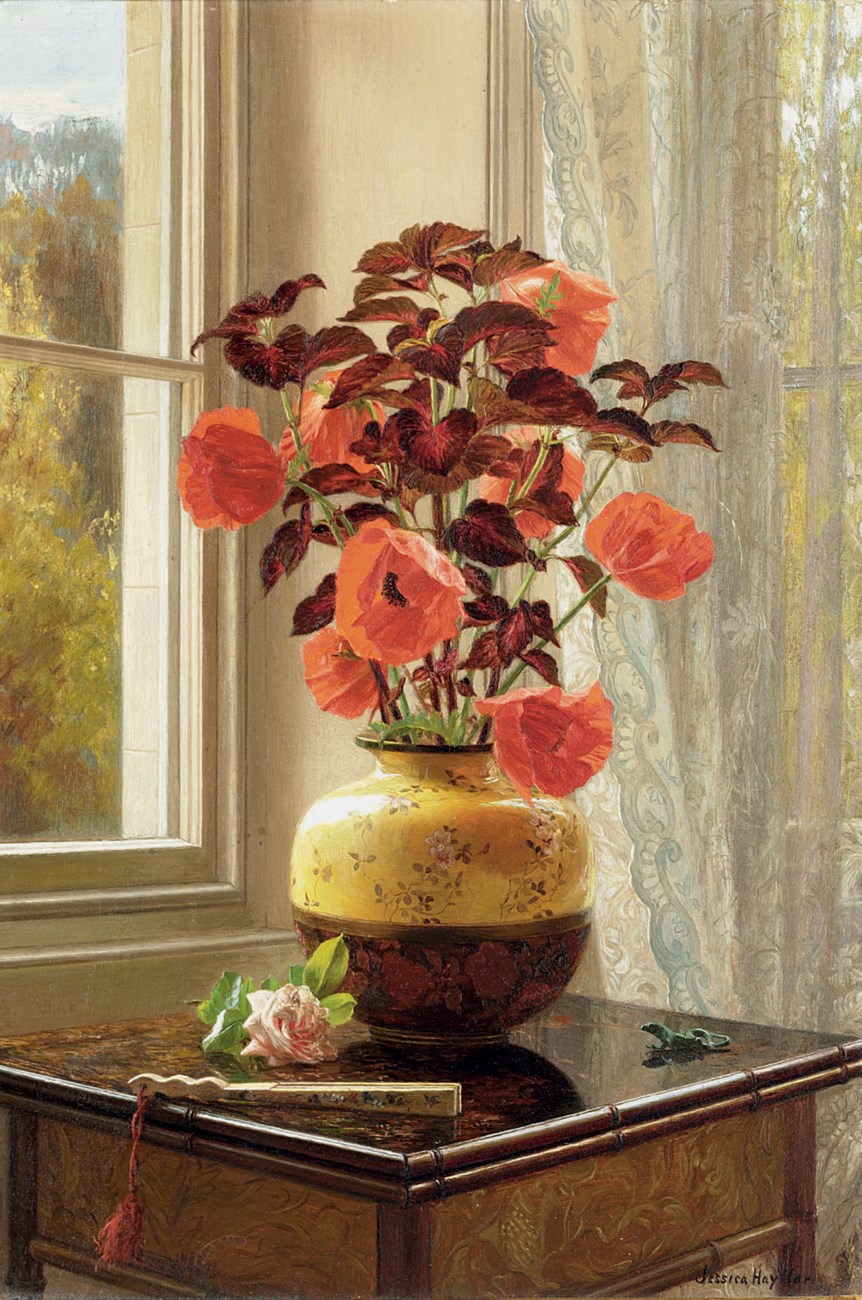 Cloisonné Vazoda Oryantal Gelincik ve Coleus (orig. "Oriental Poppy and Coleus in a Cloisonné Vase") by Jessica Hayllar - 1940 öncesi - 29.2 x 20 cm özel koleksiyon