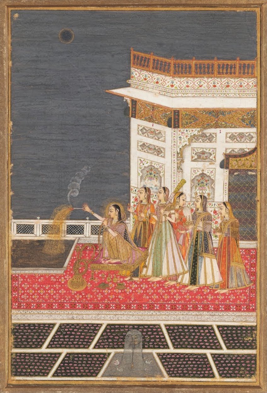 Princesa encendiendo una bengala by Artista anónimo  - 1750 - 36 x 25 cm Museo Nacional de Nueva Delhi, India