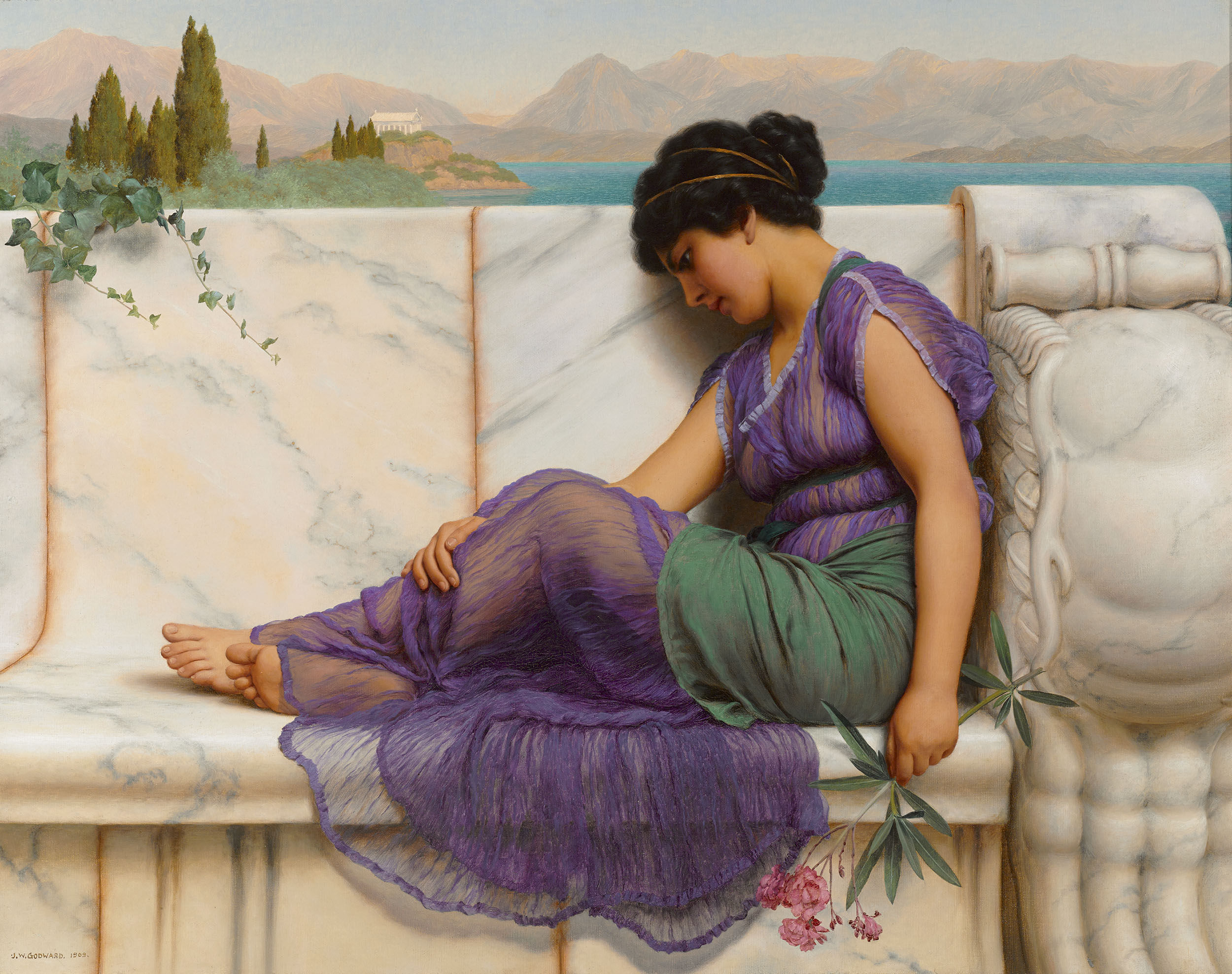 Pigrizia estiva: sogni a occhi aperti by John William Godward - 1909 - 58,4 × 73,7 cm collezione privata