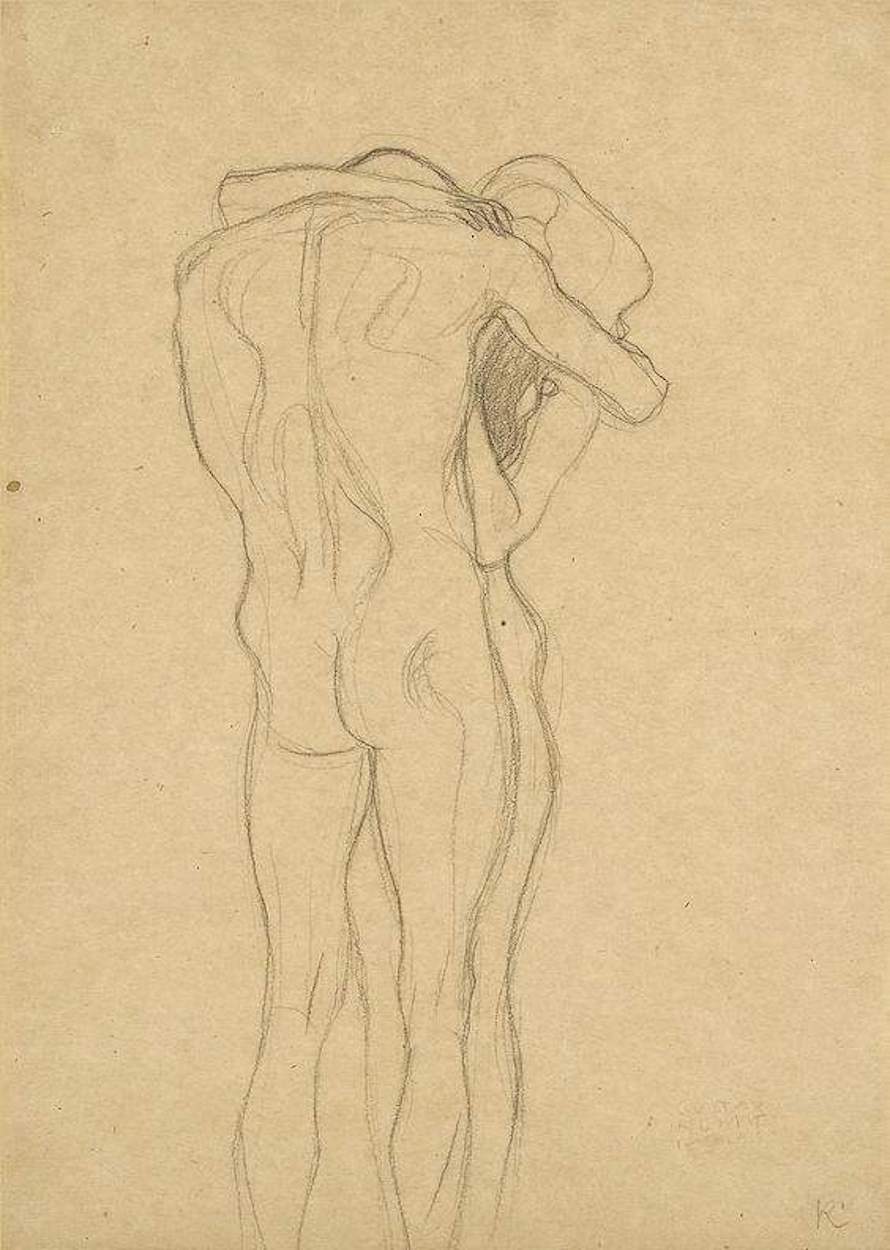 Standing Naked Couple, Embracing. Study for “This Kiss to the Whole World” from the Beethoven Frieze by Gustav Klimt - 1901 - 45 x 30.8 cm Leopold Museum
