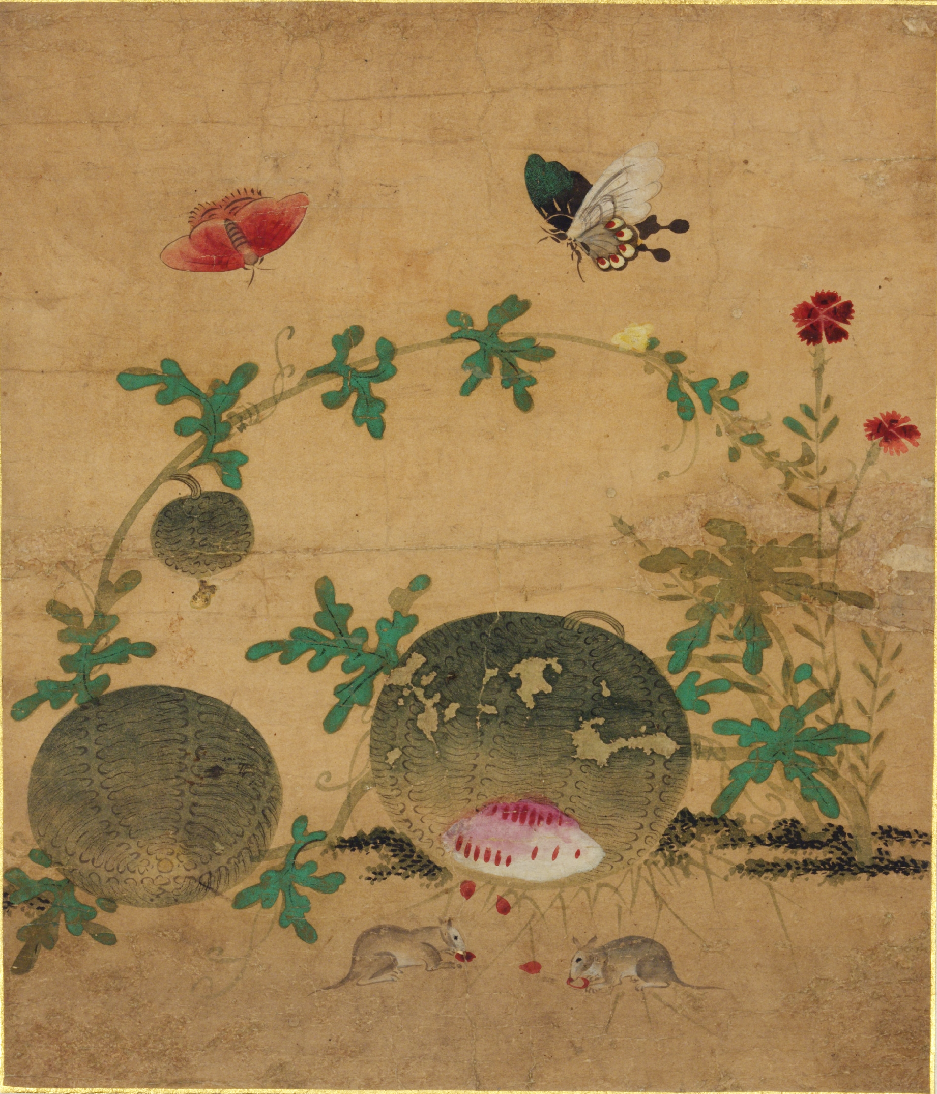 तरबूज पर चूहे कुतरने की पेंटिंग by Shin Saimdang - १६वीं शताब्दी - ३२.८ x २८ सेमी 