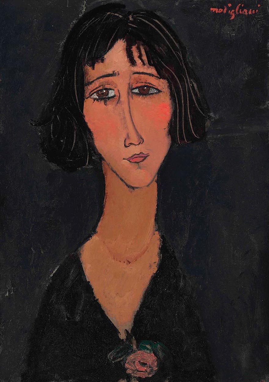拿着玫瑰的年轻女人（玛格丽特） by 阿梅代奥 莫迪利亚尼 - 1916 - 64.9 x 46.1 cm 