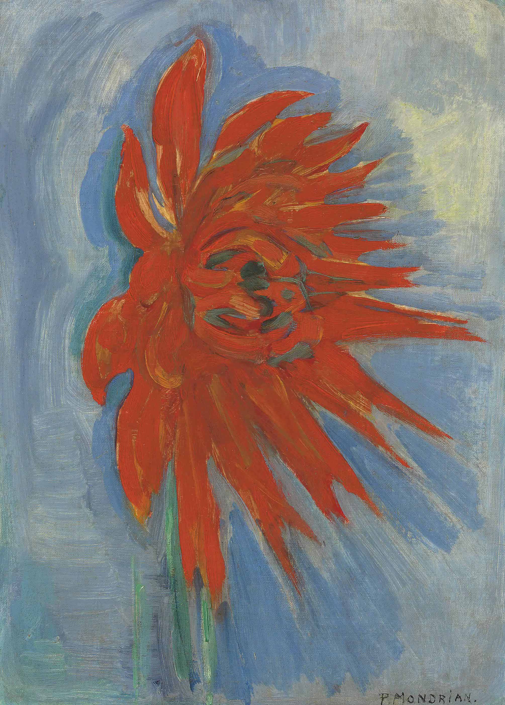 Красная хризантема на синем фоне (Red Chrysanthemum on Blue Background) by Piet Mondrian - ок. 1909-1910 - 41.9 x 30.5 см 