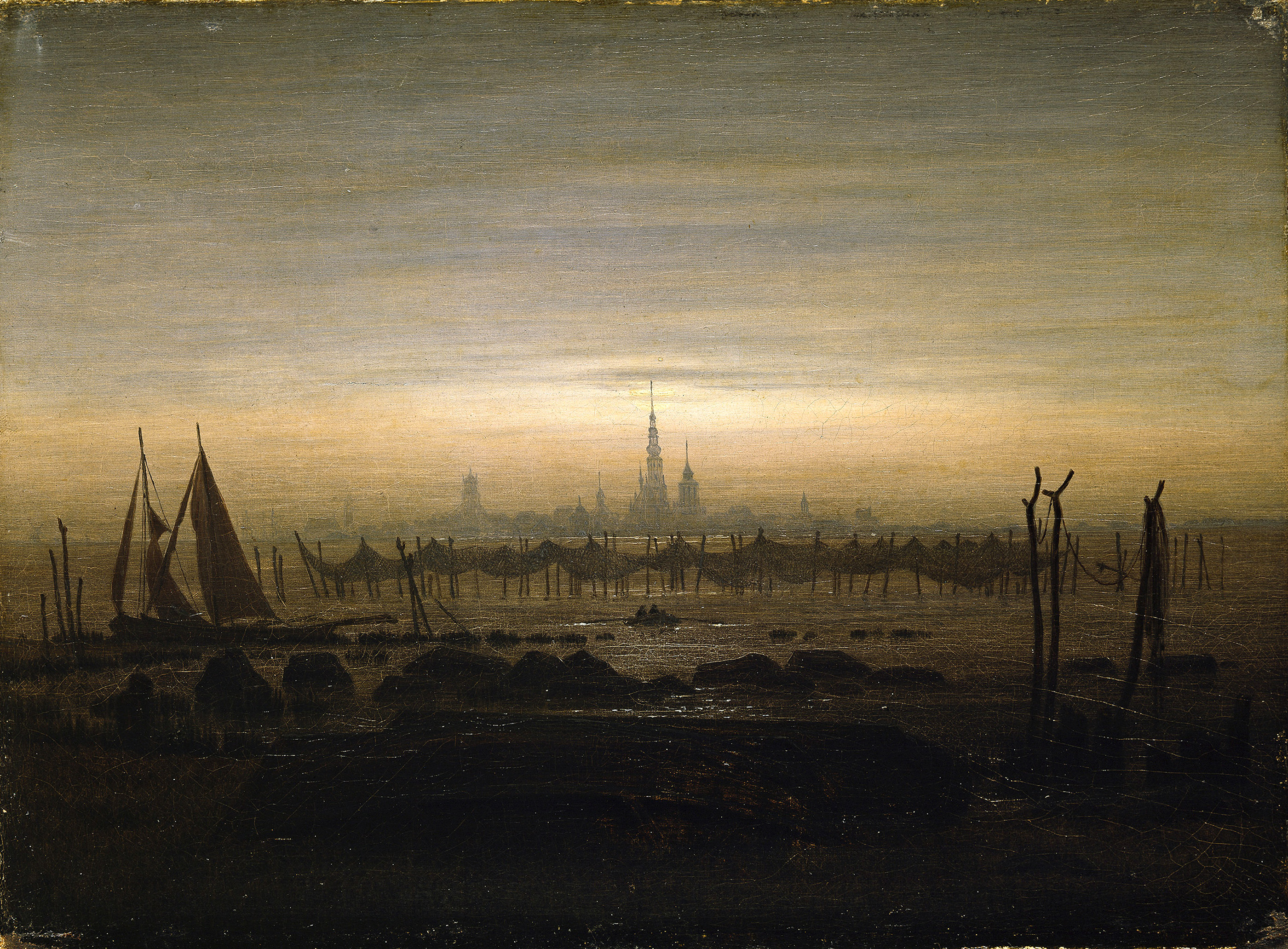 Greifswald in Moonlight by Caspar David Friedrich - 1817 - 22.5 x 30.5 cm Nasjonalmuseet