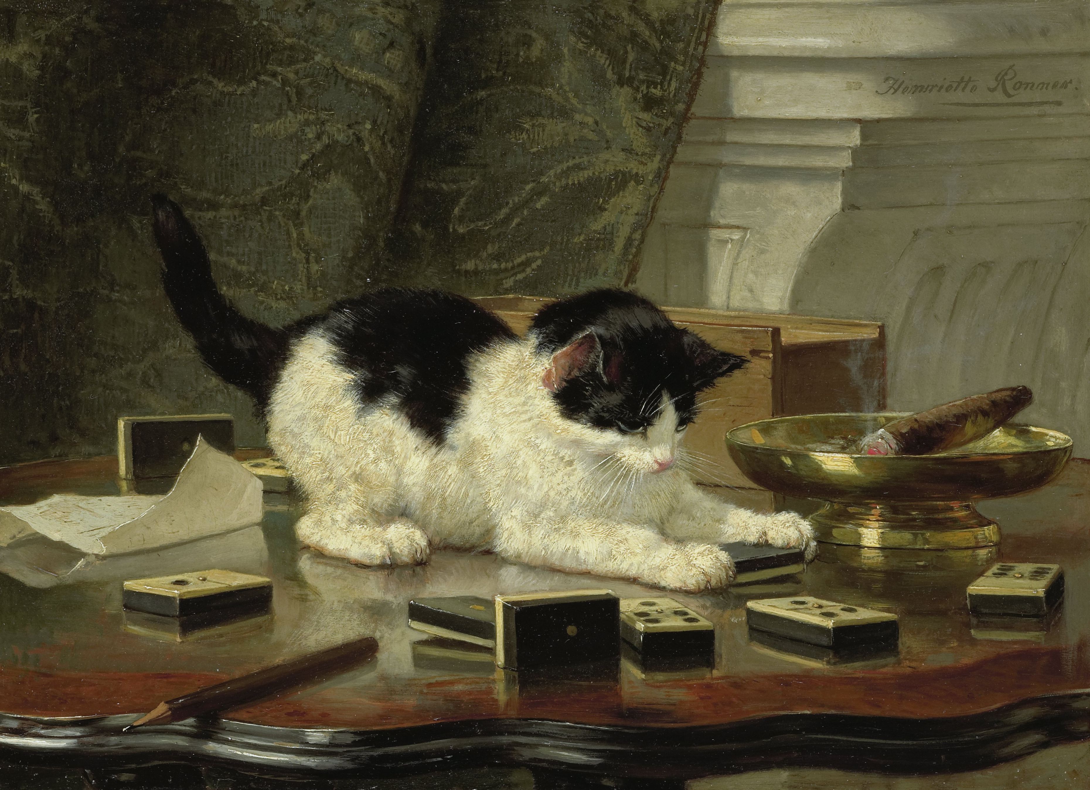 Spielende Katze by Henriëtte Ronner-Knip - ca. 1860 - ca. 1878 - 32,8 × 45,2 cm Rijksmuseum