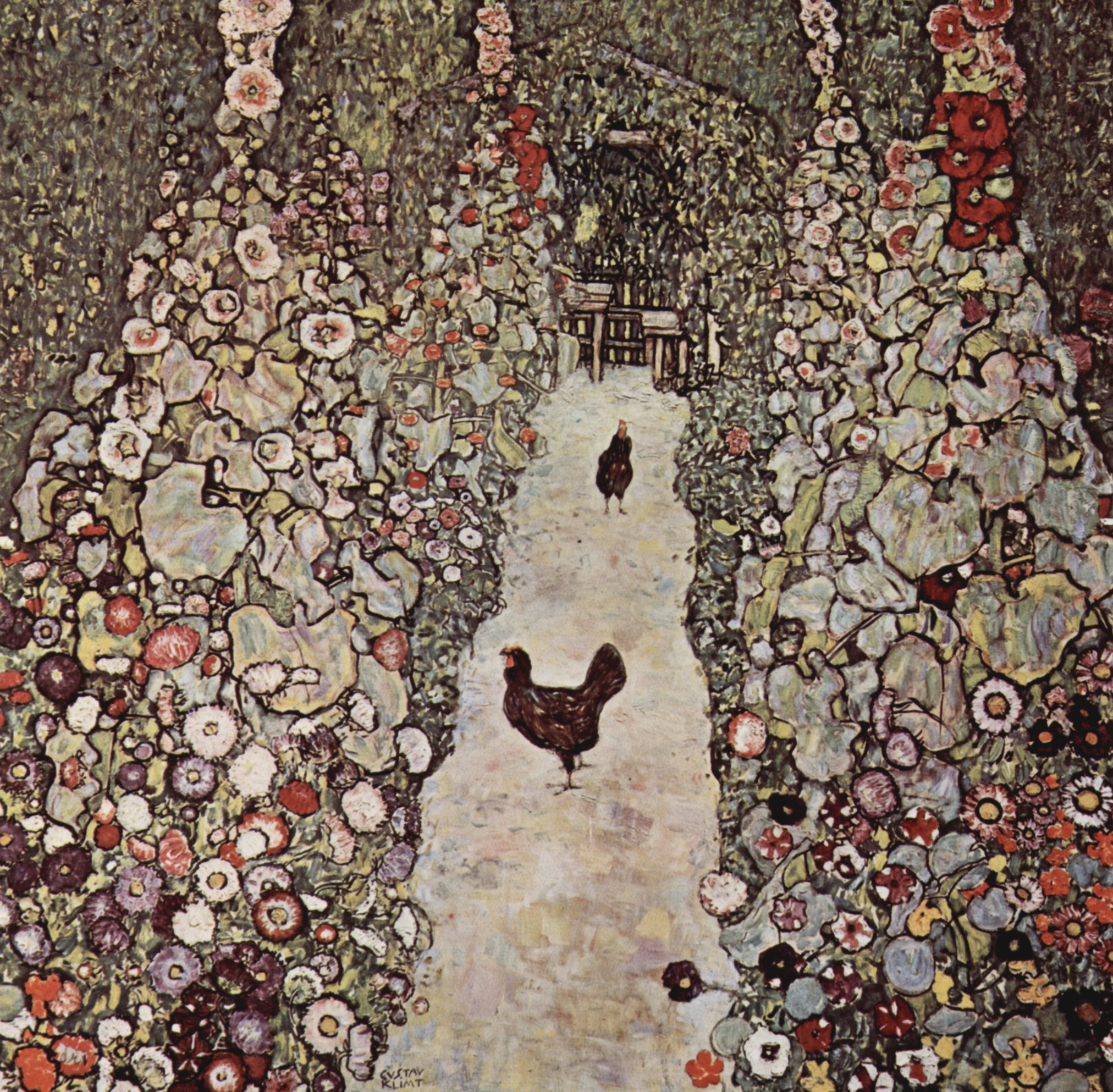 有公鸡的花园 by 古斯塔夫· 克林姆特画 - 1917 - 110 x 110 cm 销毁