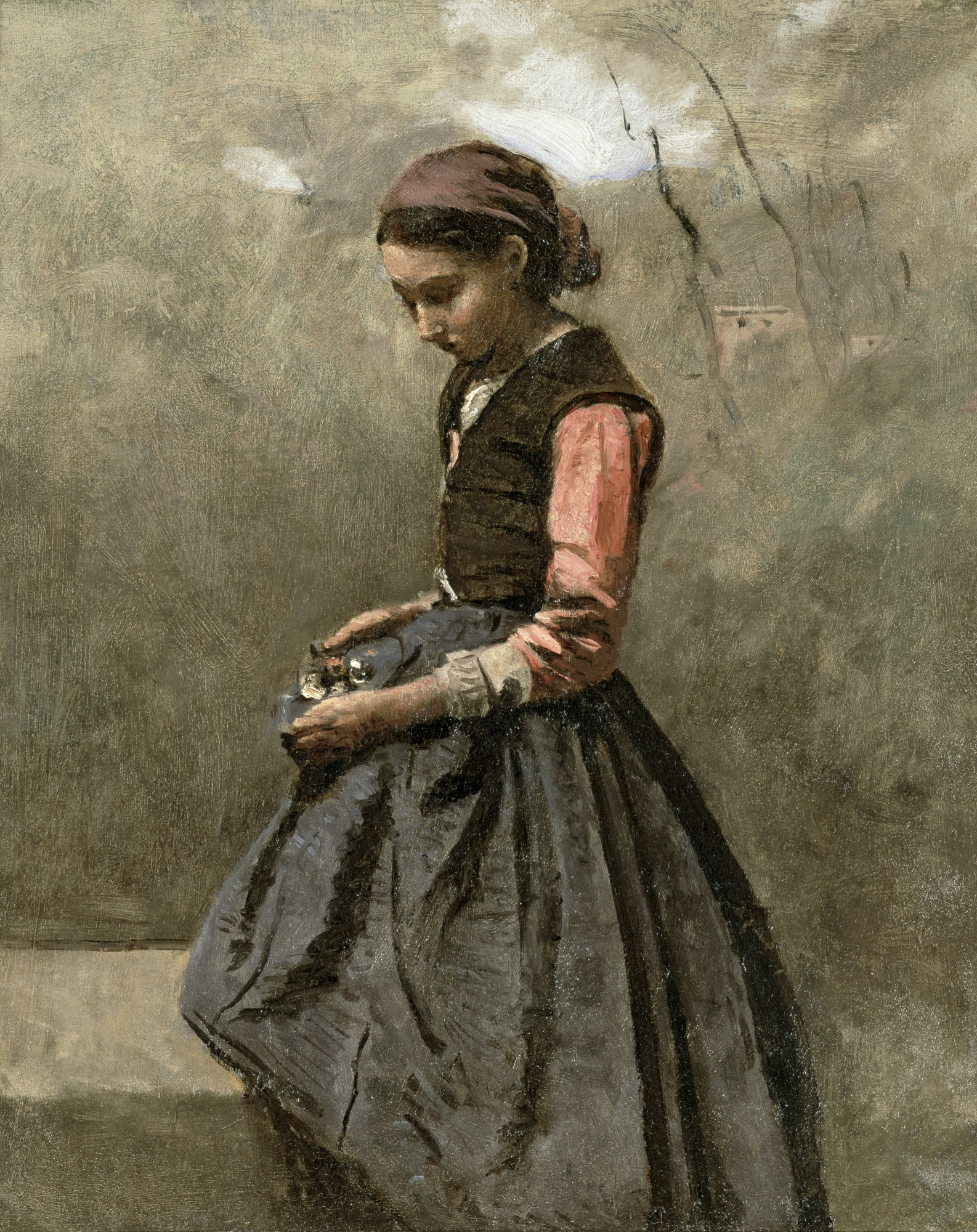 Задумчивая девушка by Jean-Baptiste-Camille Corot - примерно 1865-70 - 46.3 × 38.1 см 