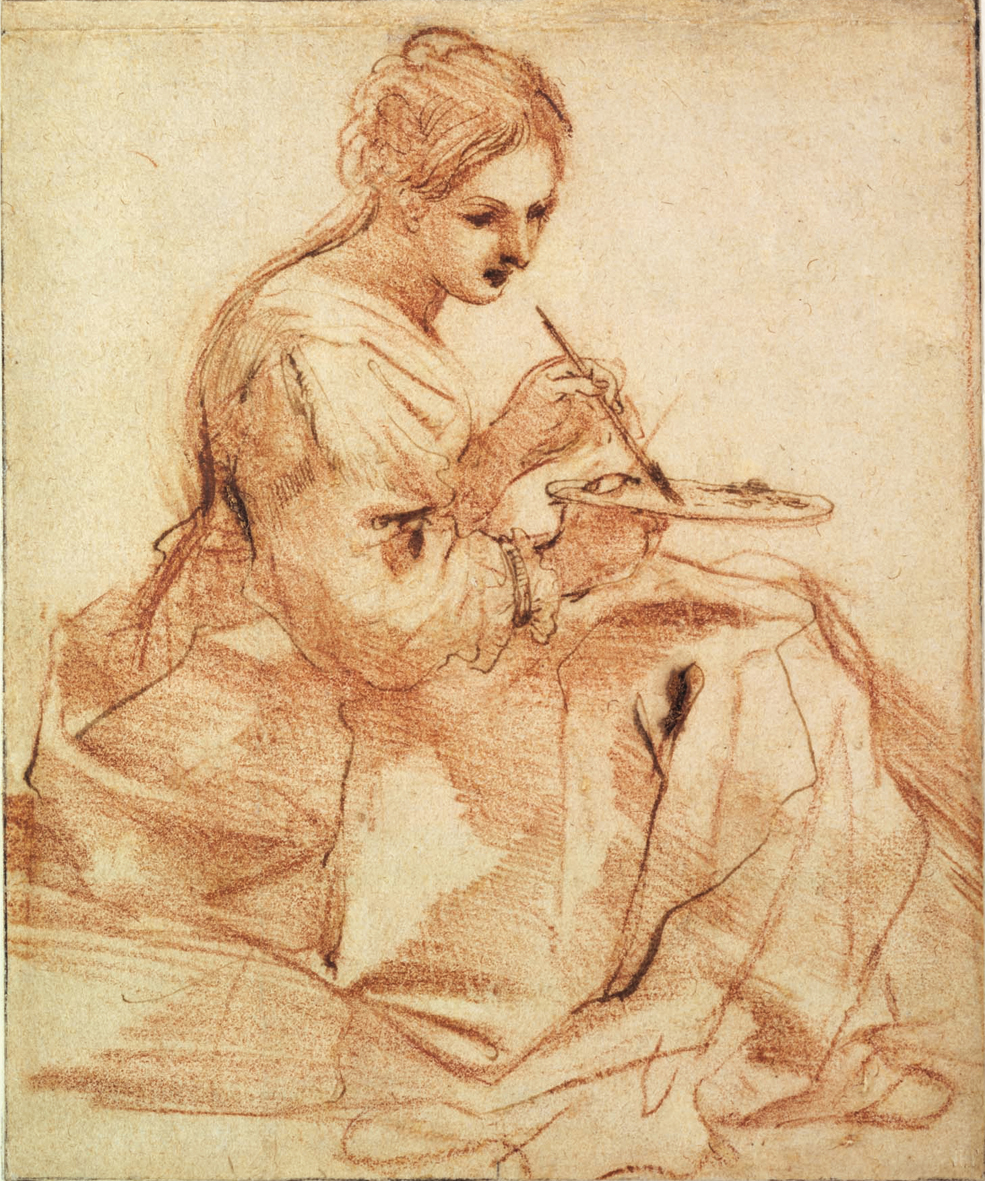 Een schilderende vrouw by Giovanni Barbieri - 17e eeuw - 19.4 x 16.1 cm 