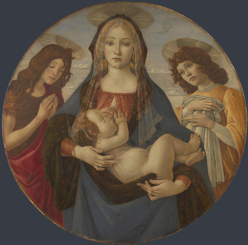 Panna s dítětem se svatým Janem a andělem by Workshop of Sandro Botticelli - kolem roku 1490 - 84,5 x 84,5 cm 