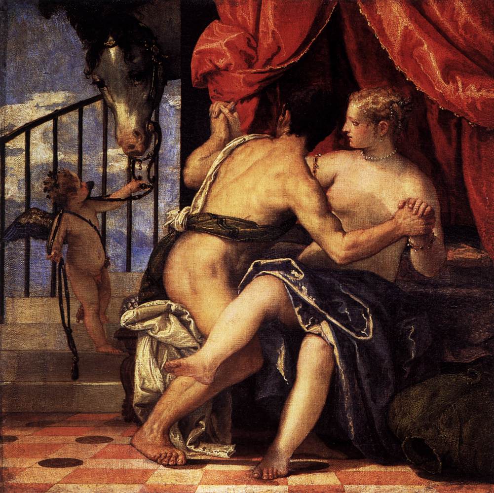 Venus en Mars met Cupido en een paard by Paolo Veronese - omstreeks 1570 - 47 x 47 cm 