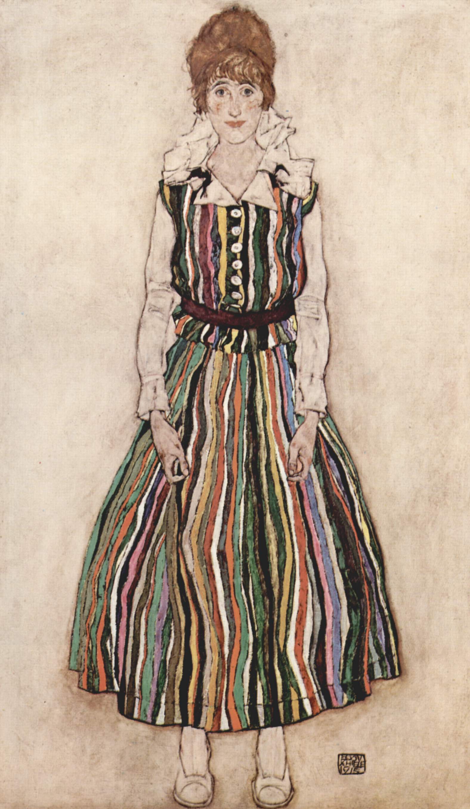 Portrait of Edith Schiele in a striped dress by Egon Schiele - 1915 - 180 × 110,5 cm Kunstmuseum Den Haag