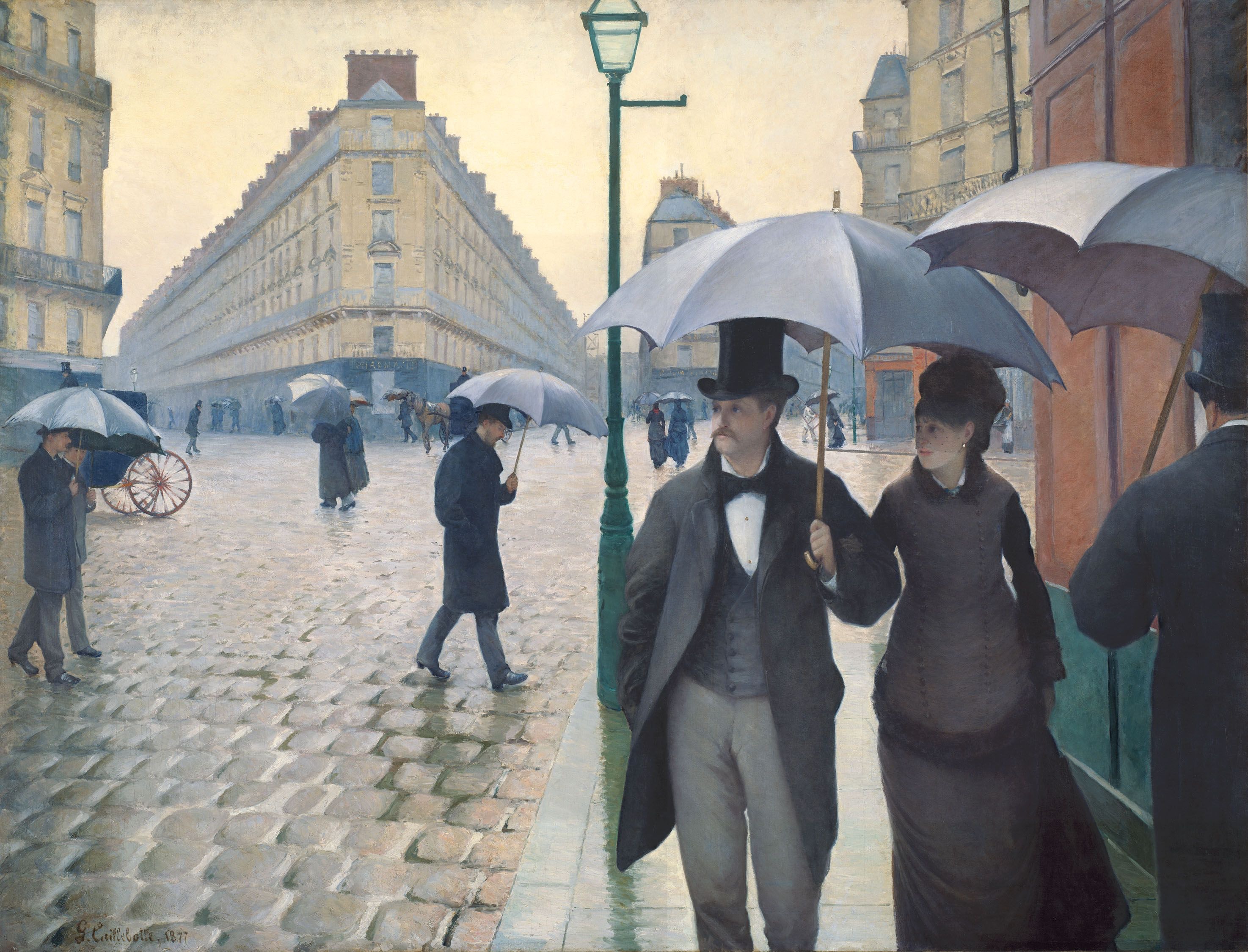 雨中的巴黎街道 by 古斯塔夫 卡勒波特 - 1877 - 83 1/2 x 108 3/4in 芝加哥藝術博物館