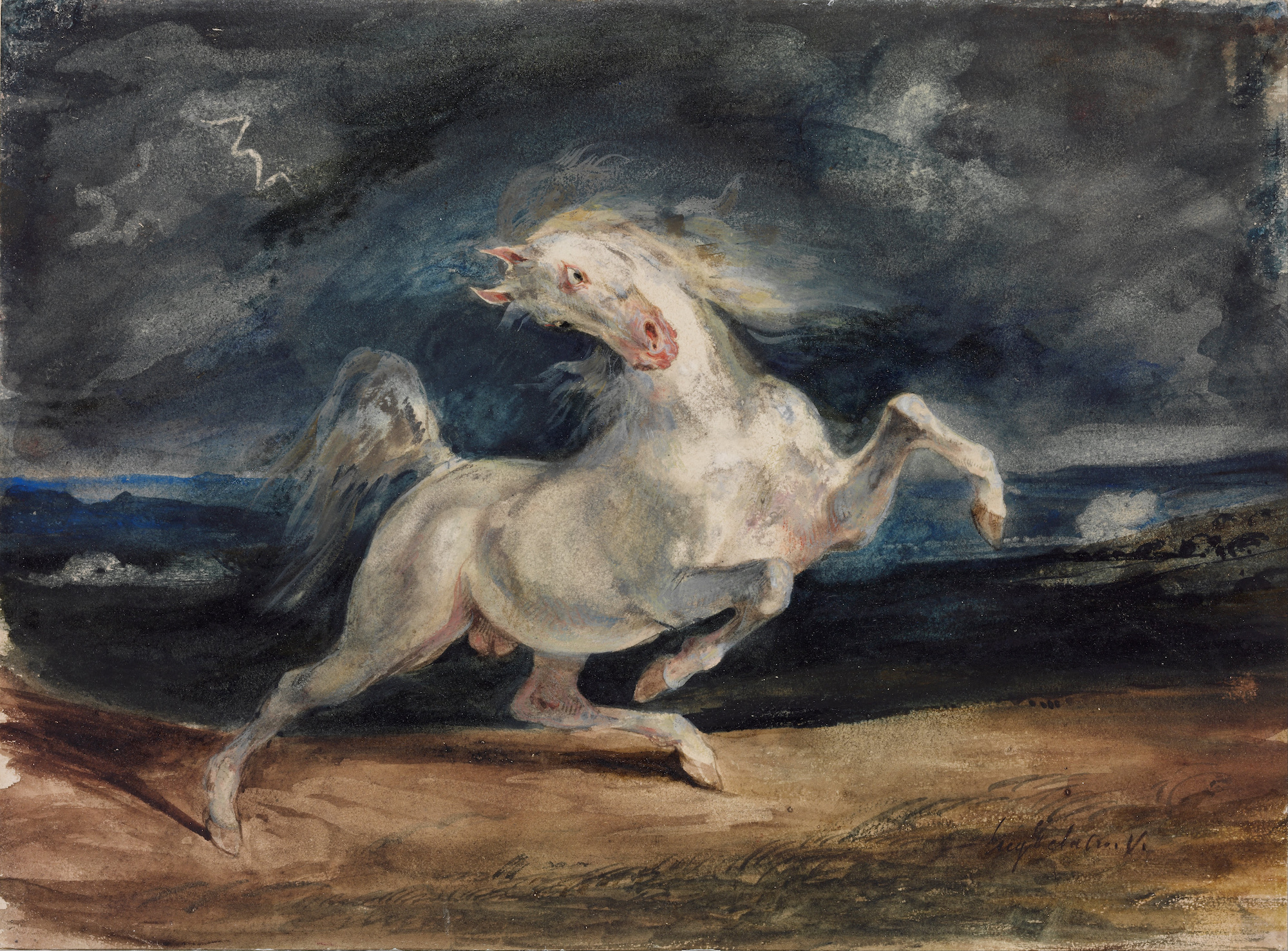 Paard opgeschrikt door bliksem by Eugène Delacroix - 1825 - 1829 - 23.6 x 32 cm 