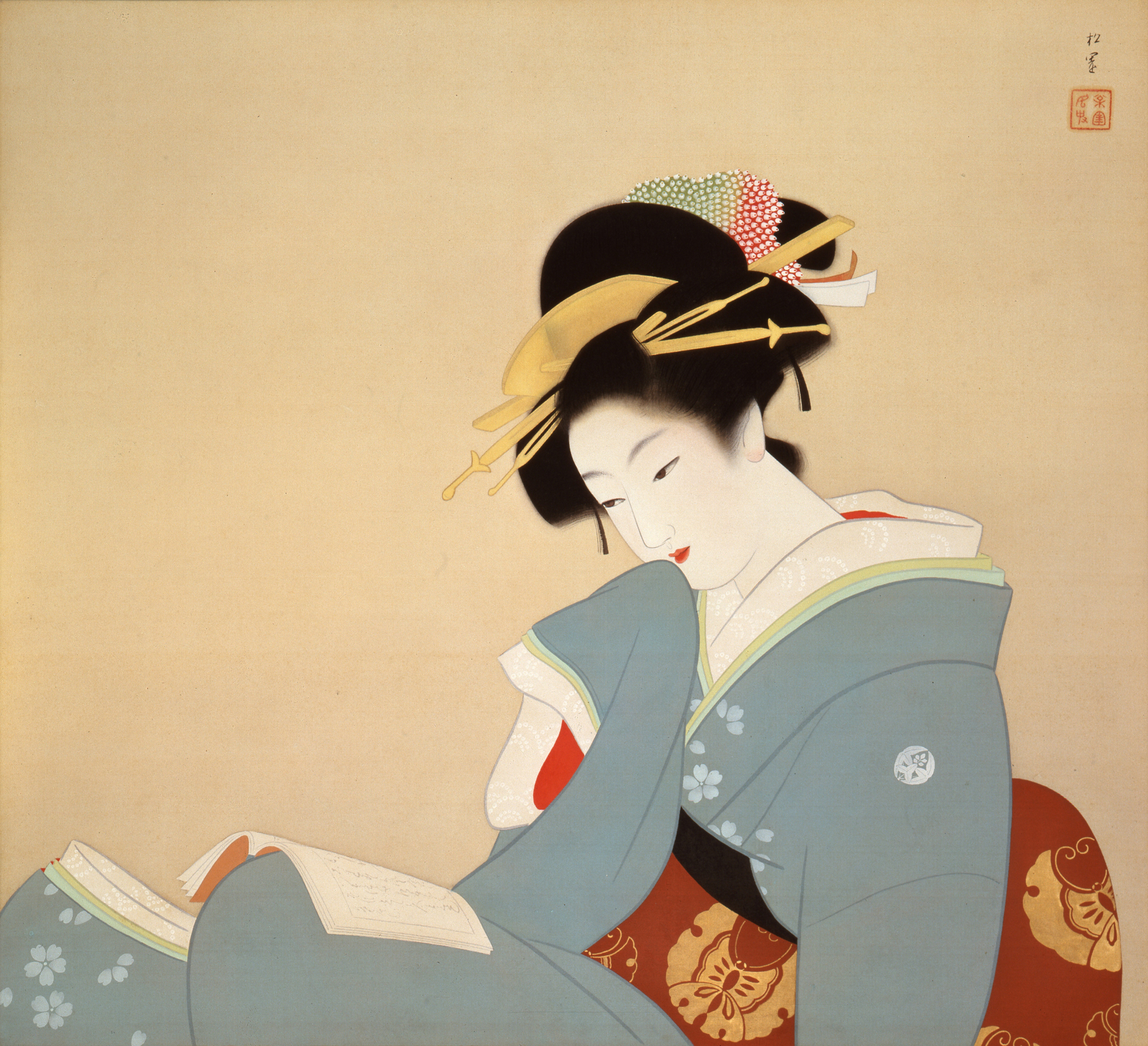 Beautiful Woman Reading a Book by Uemura Shōen - 1941 - 53 × 66 cm Yamatane Museum