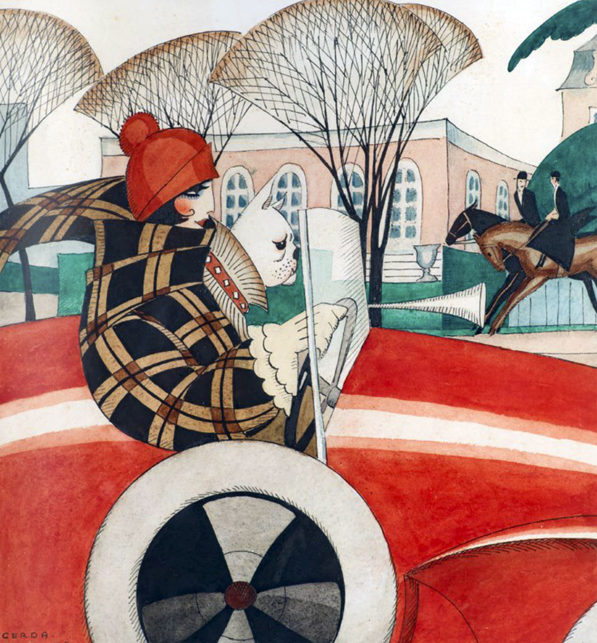 Girl and Pug in an Automobile by Gerda Wegener - 1927 private collection