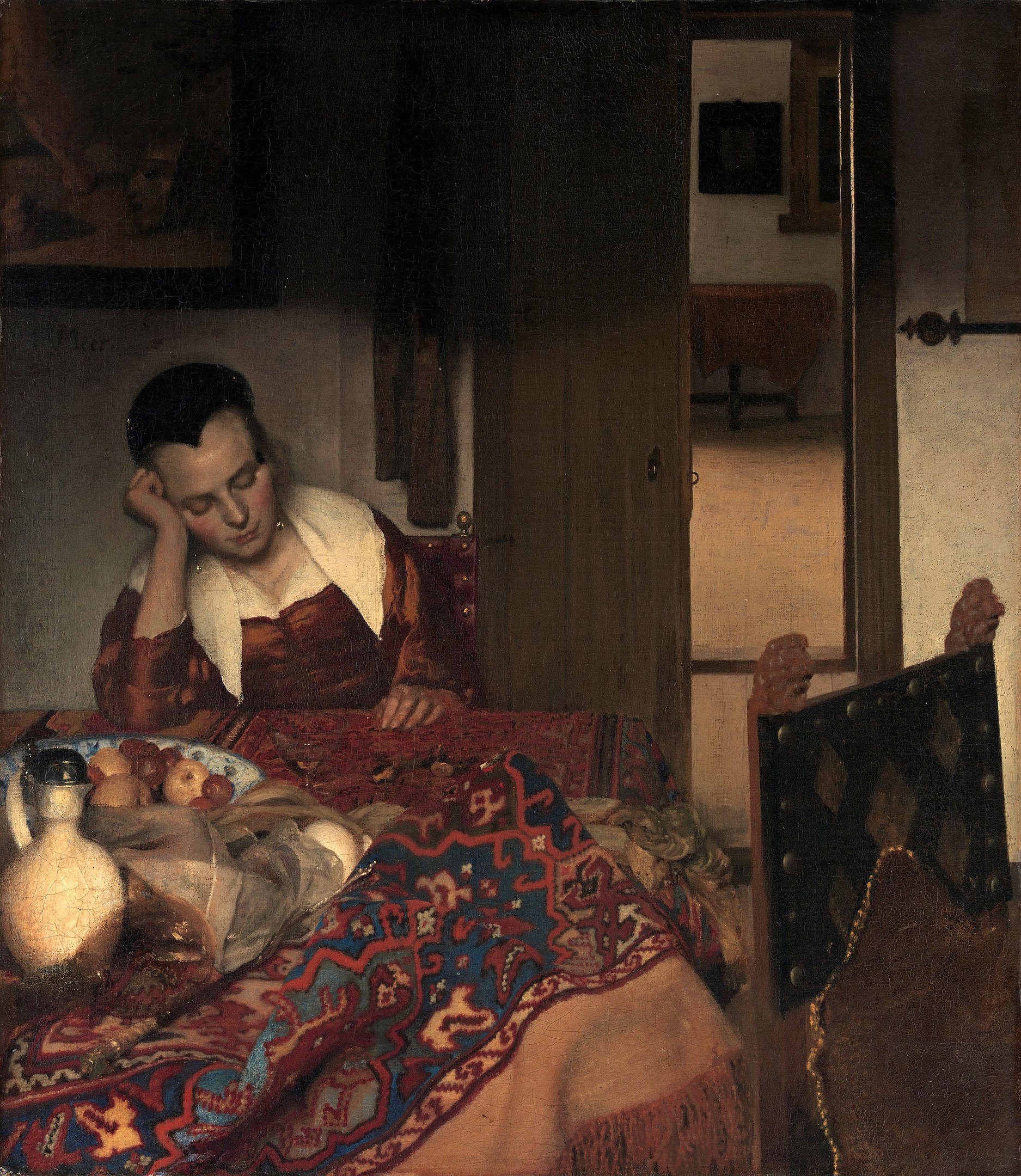 睡着的女仆 by 约翰尼斯· 弗美尔 - 1656–57 - 87.6 x 76.5 cm 