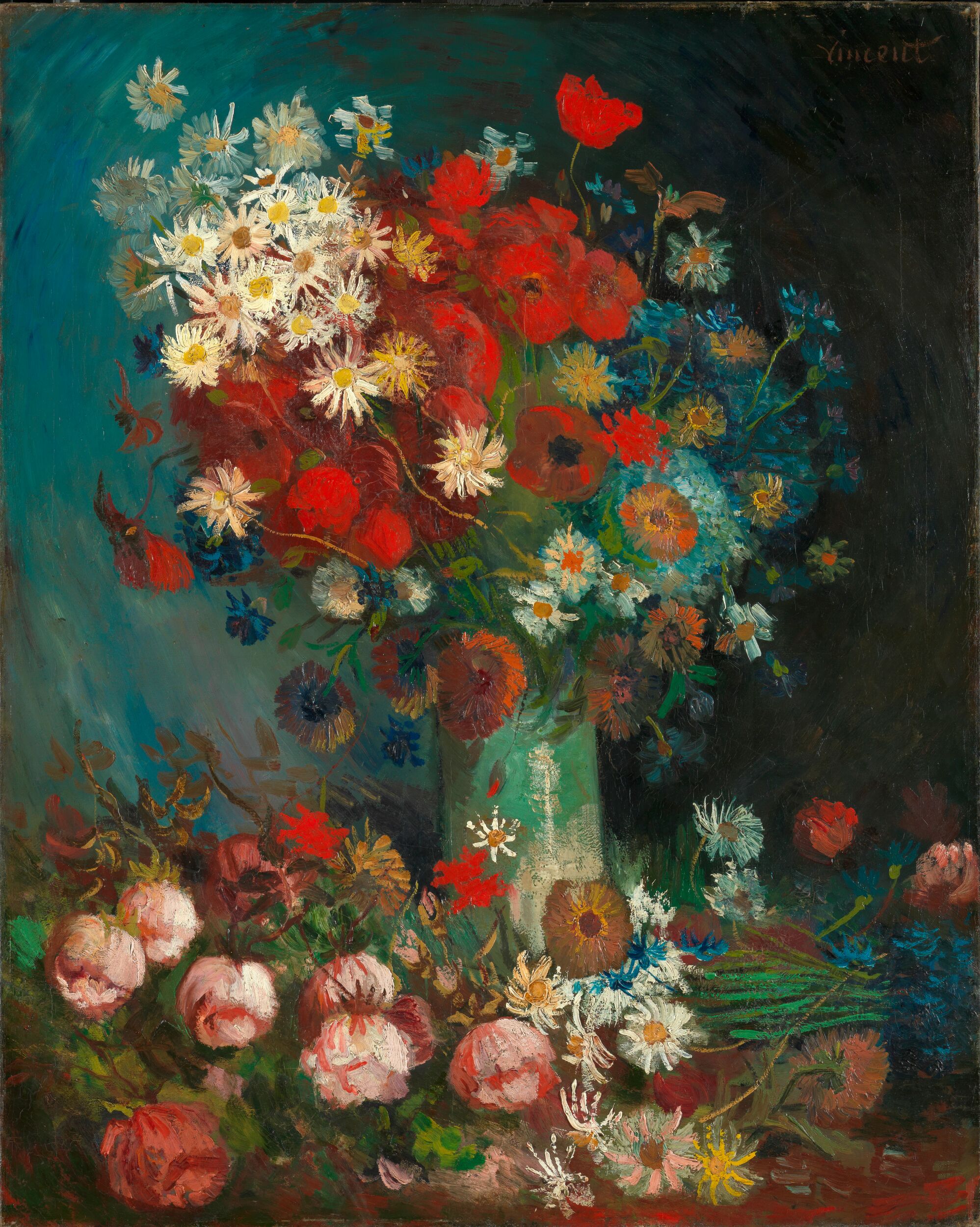 草地の花とバラのある静物 by フィンセント・ ファン・ゴッホ - 1886–1887年 - 100 x 70 cm 