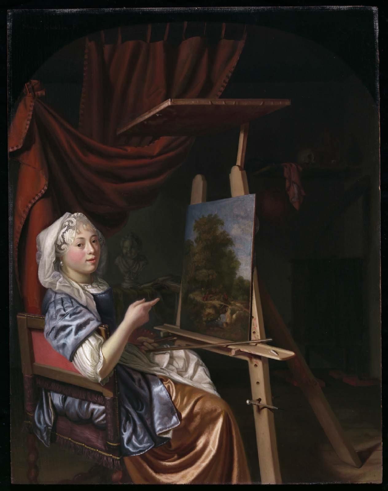 Autoportret al artistei în atelierul ei by Maria Schalcken -  aproximativ 1680 - 44.1 x 34.3 cm 