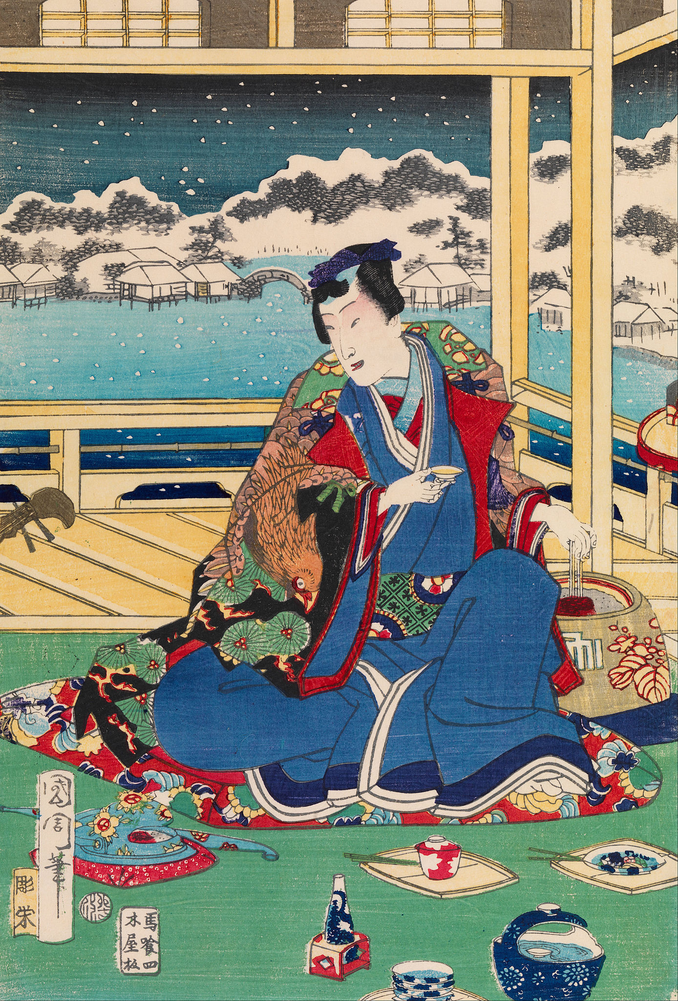 Genji Viewing Snow From a Balcony by Toyohara Kunichika - 1867 - 37 x 26 cm private collection