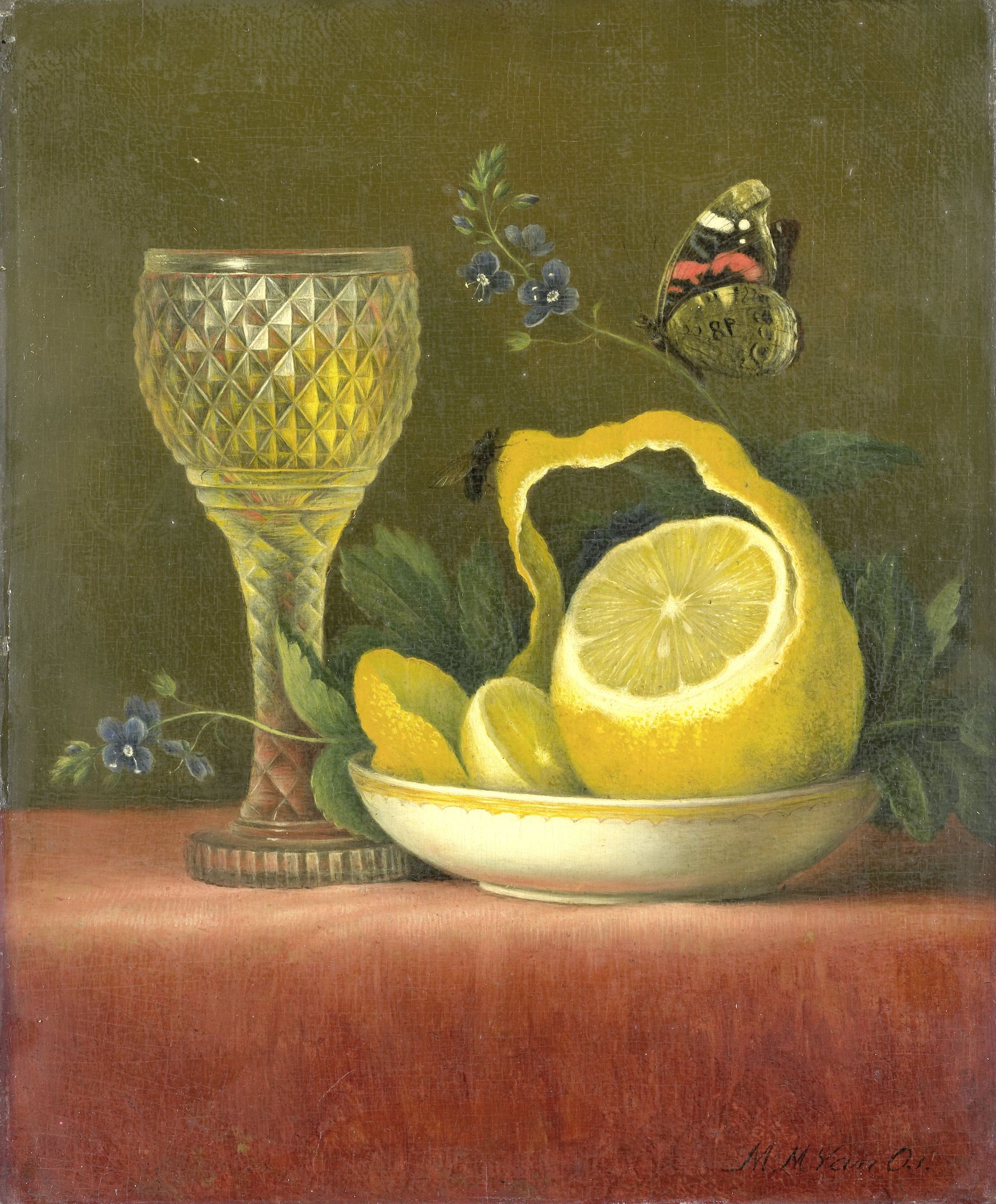 柠檬和切割玻璃的静物画 by Maria Margaretha van Os - 1823–1826 - 27 cm × 23 cm 