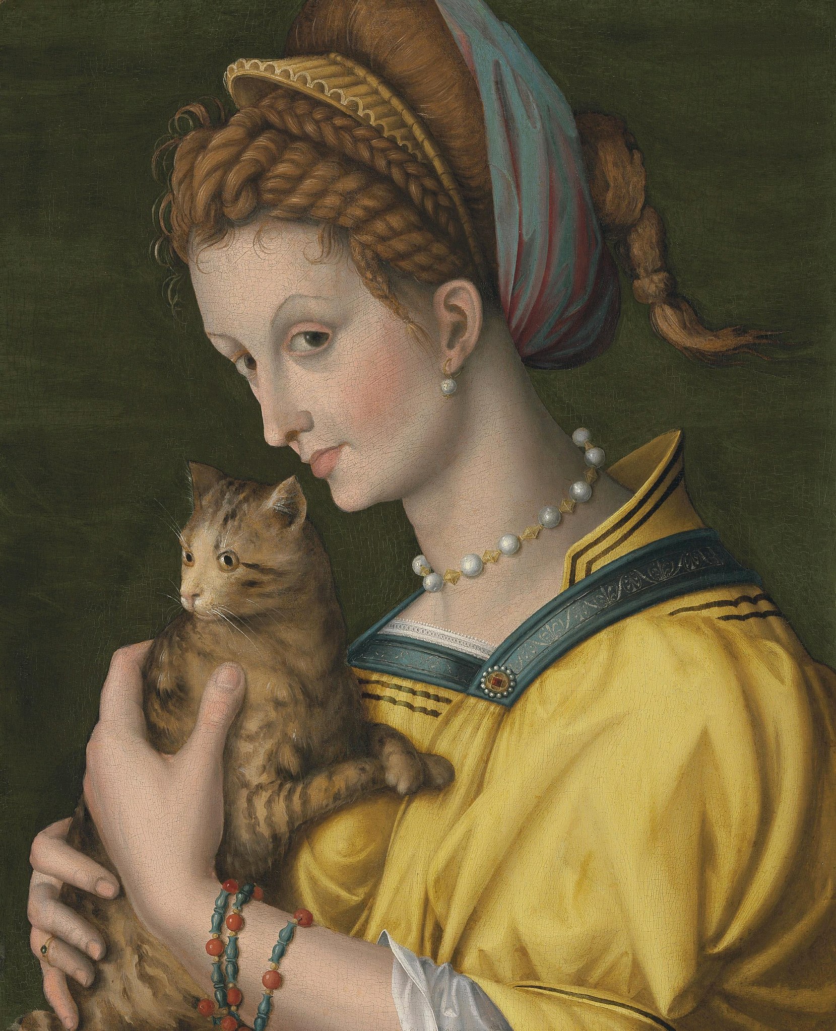 Macskát tartó fiatal hölgy arcképe by Antonio d'Ubertino Verdi, called Bachiacca - 1525-1530 körül - 53,6 x 43,8 cm 