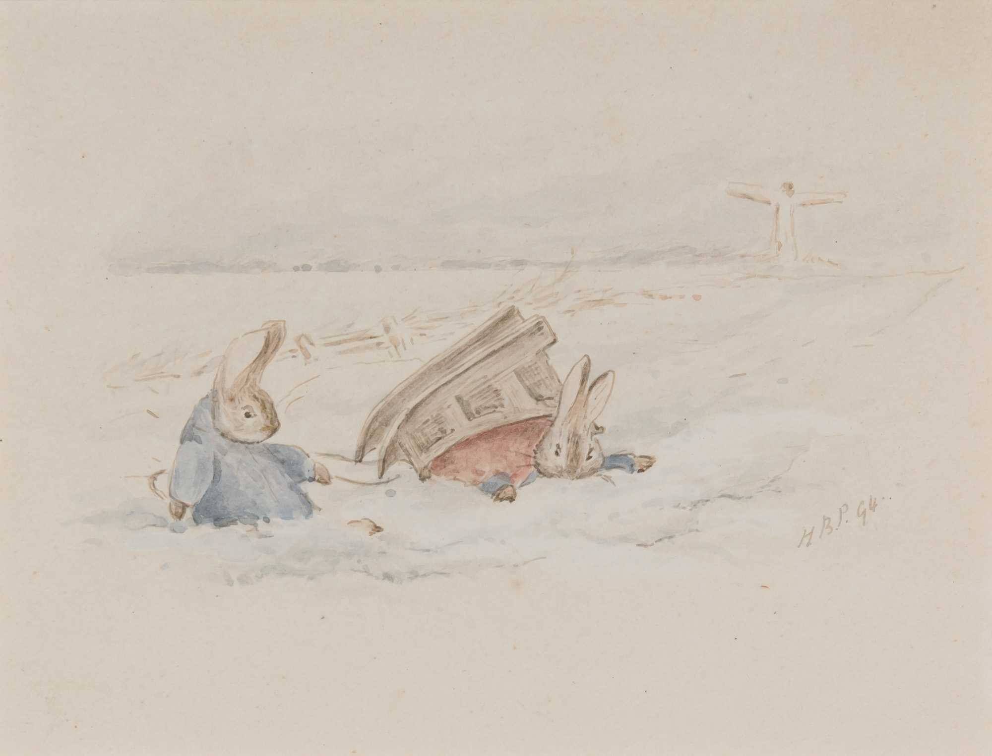 Peter Rabbit Sledging by Beatrix Potter - 1907 - 9 x 11 cm private collection