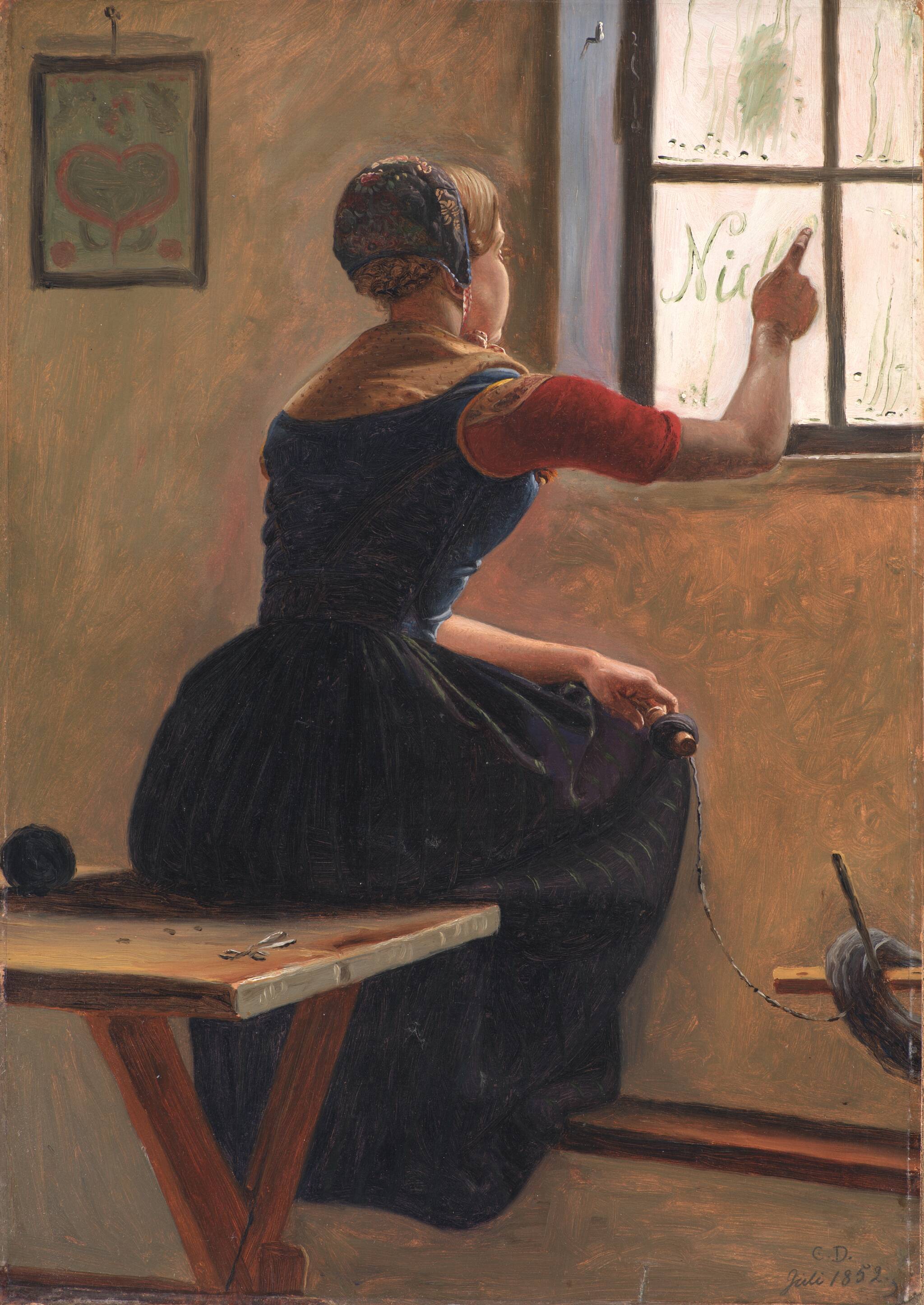 دختری جوان در یوتلاند نام معشوقش را روی پنجره‌ی مه‌آلود می‌نویسد by Christen Dalsgaard - ۱۸۵۲ - ۴۴.۵ x ۳۱.۵ سانتی‌متر 