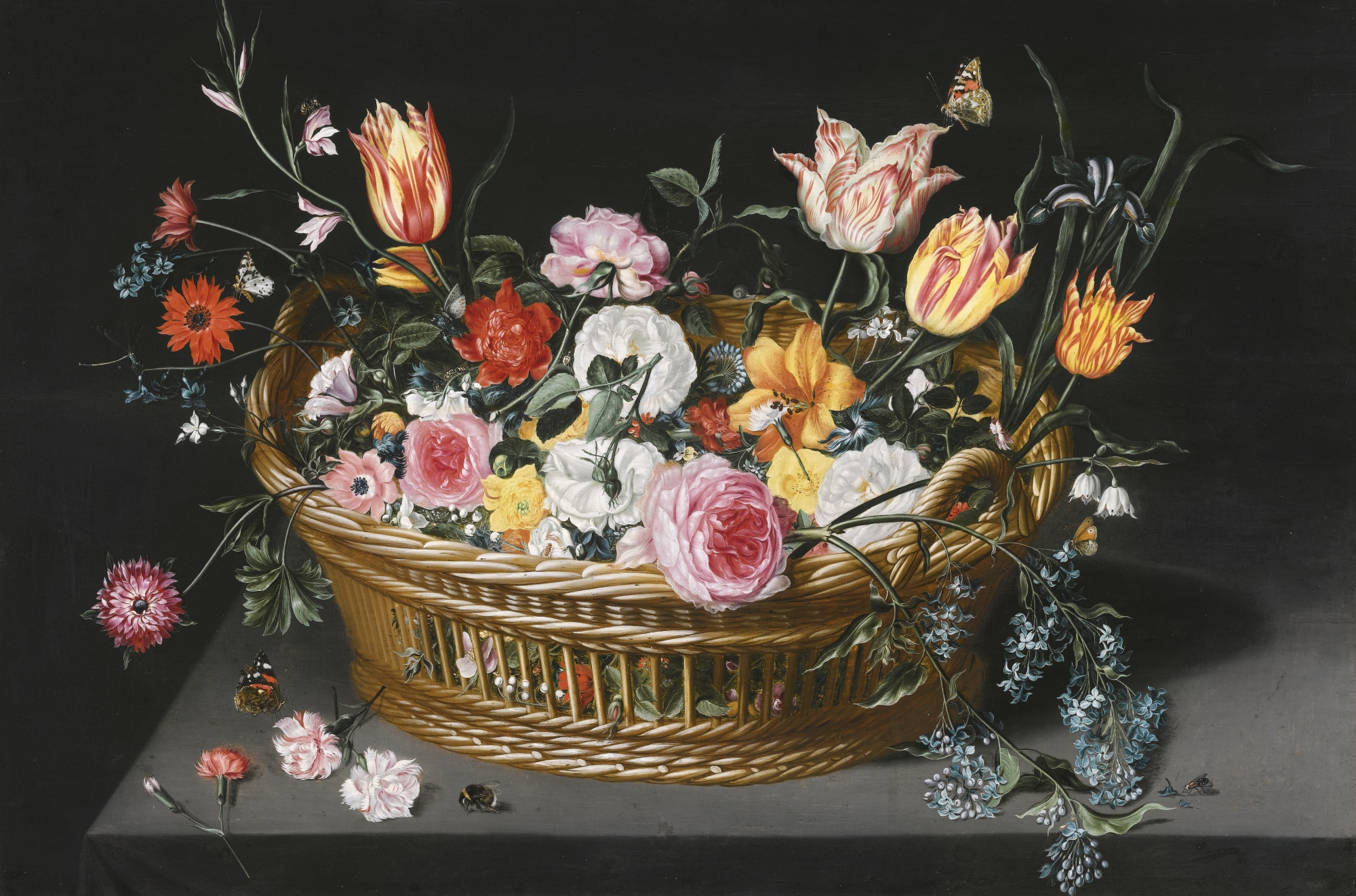 Still-life of Flowers in a Basket on a Stone Ledge by Jan Brueghel - 17th Century - 54.9 x 91.2 cm private collection