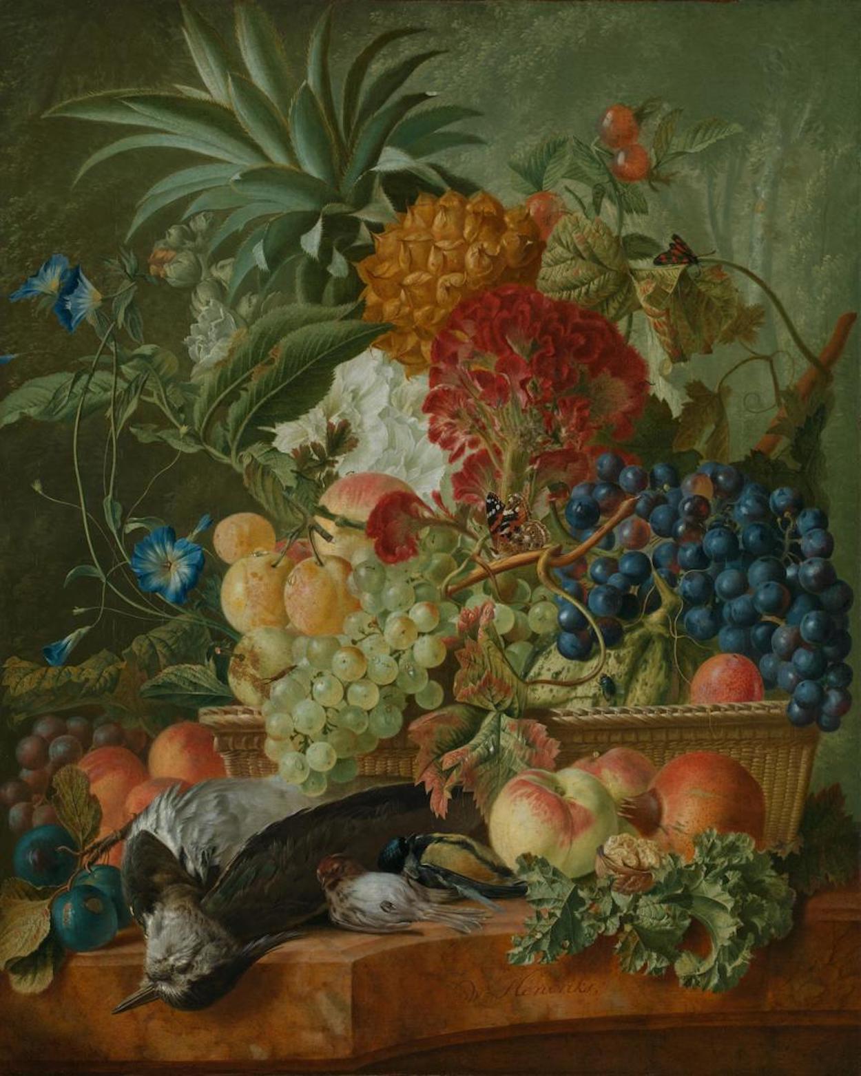 Gyümölcsök, virágok és halott madarak by Wybrand Hendriks - 1780 körül - 67.7 × 54.6 cm 