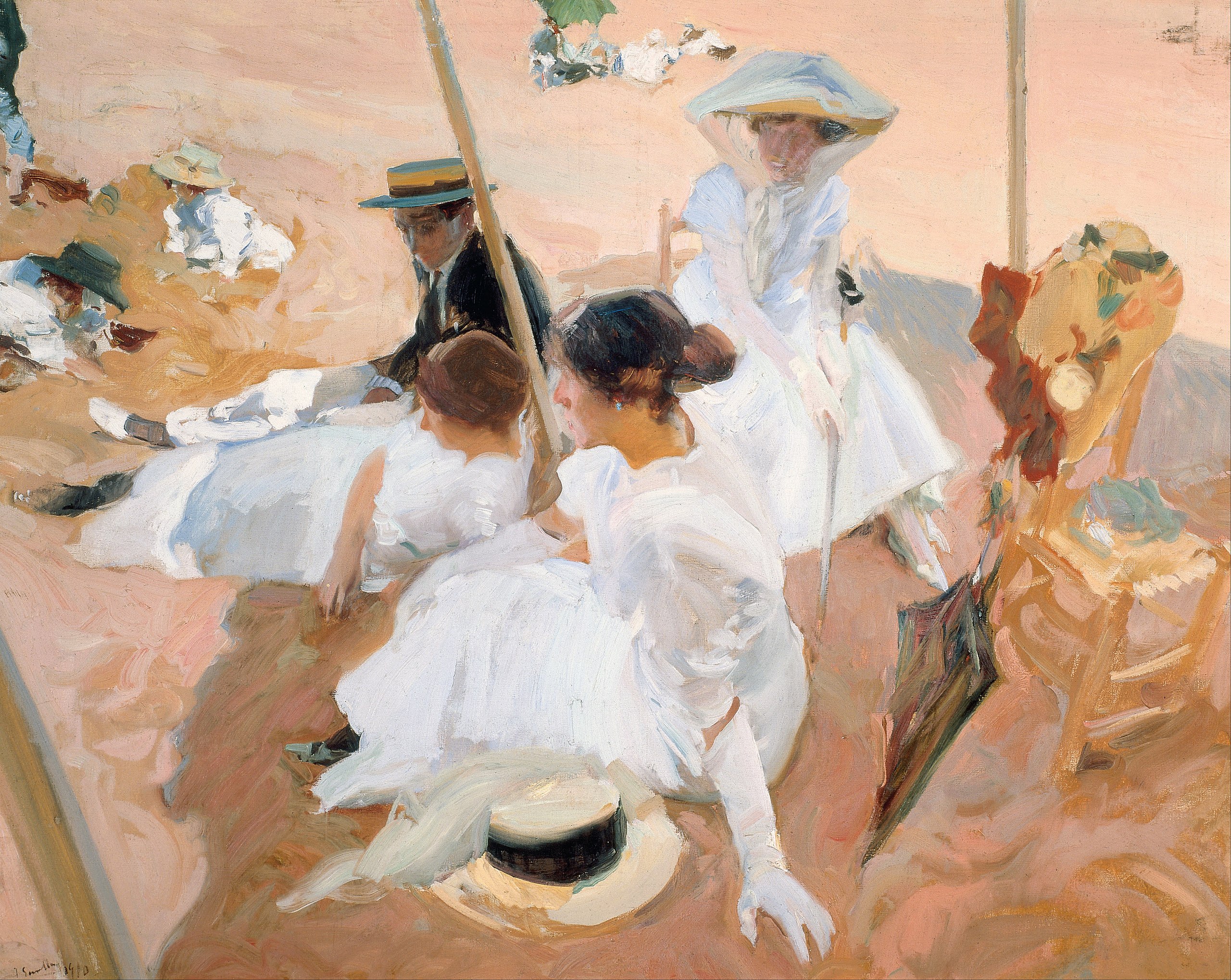 紮勞茲海灘，遮陽篷下 by Joaquín Sorolla - 1910 - 99 x 126 cm 