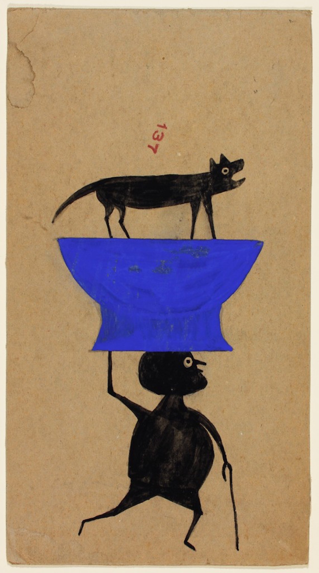 Untitled (Man Carrying Dog on Object) by Bill Traylor - c. 1939–1942 - 33.6 x 18.4 cm High Museum of Art