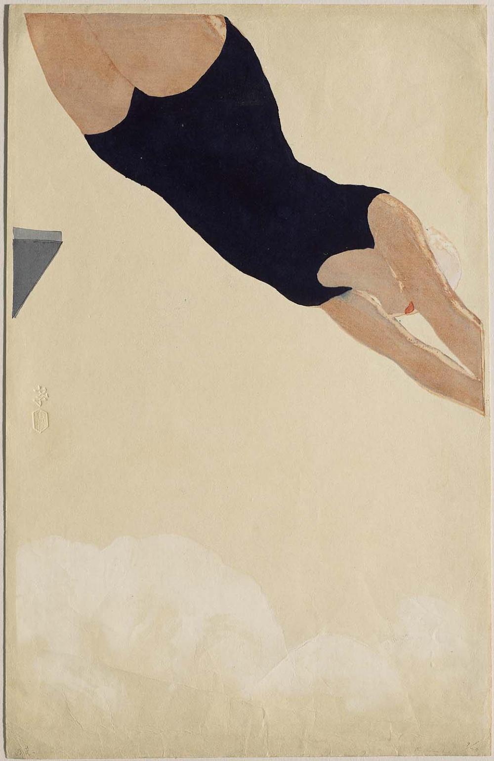 गोताखोरी by Kōshirō Onchi - 1932 - 47.8 x 30.8 सेमी 