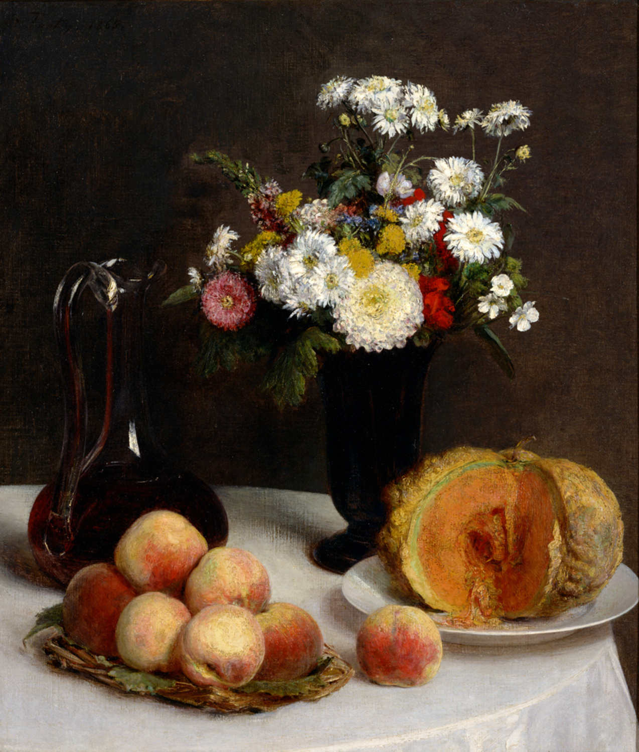 Stilleven met karaf, bloemen en vruchten by Henri Fantin-Latour - 1865 - 51,5 x 59 cm 