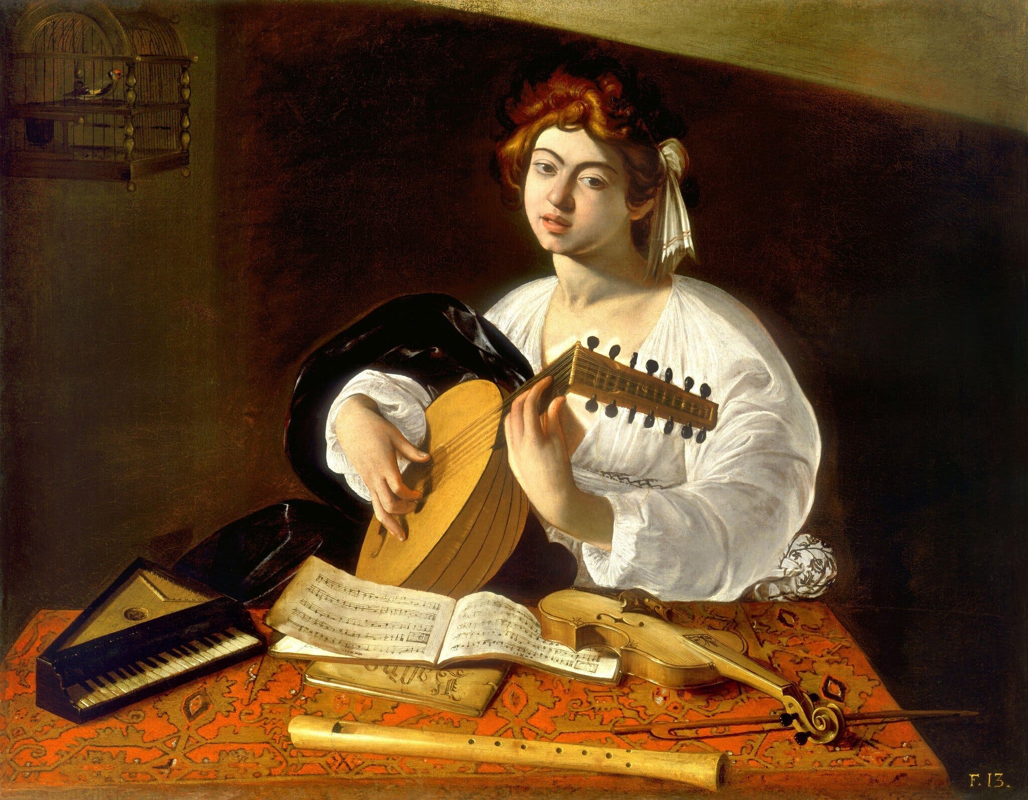 Cântărețul la lăută by  Caravaggio - cca. 1596 - 100 cm × 126,5 cm 