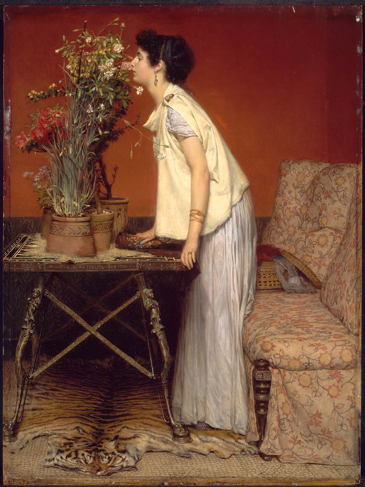 امرأة و زهور by Lawrence Alma-Tadema - 1868 - الأبعاد: 49.8x37.2سم 