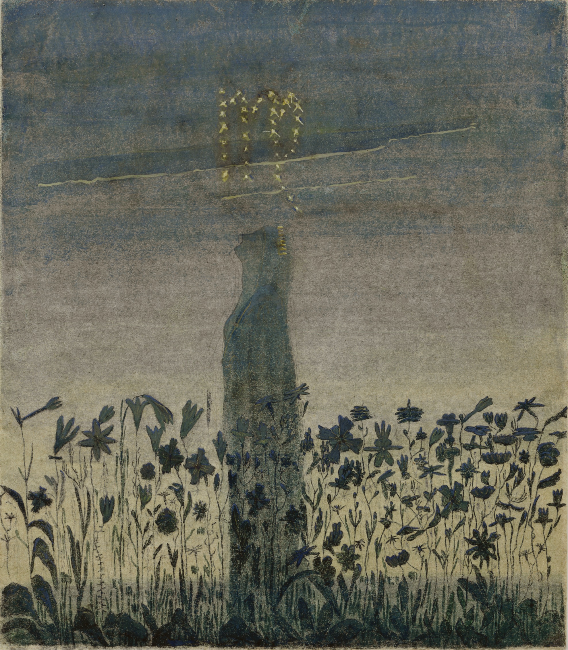 De zon schuift voorbij het sterrenbeeld van de Maagd by Mikalojus Konstantinas Čiurlionis - 1906 - 35,6 x 31,3 cm M. K. Čiurlionis Nationaal Kunstmuseum